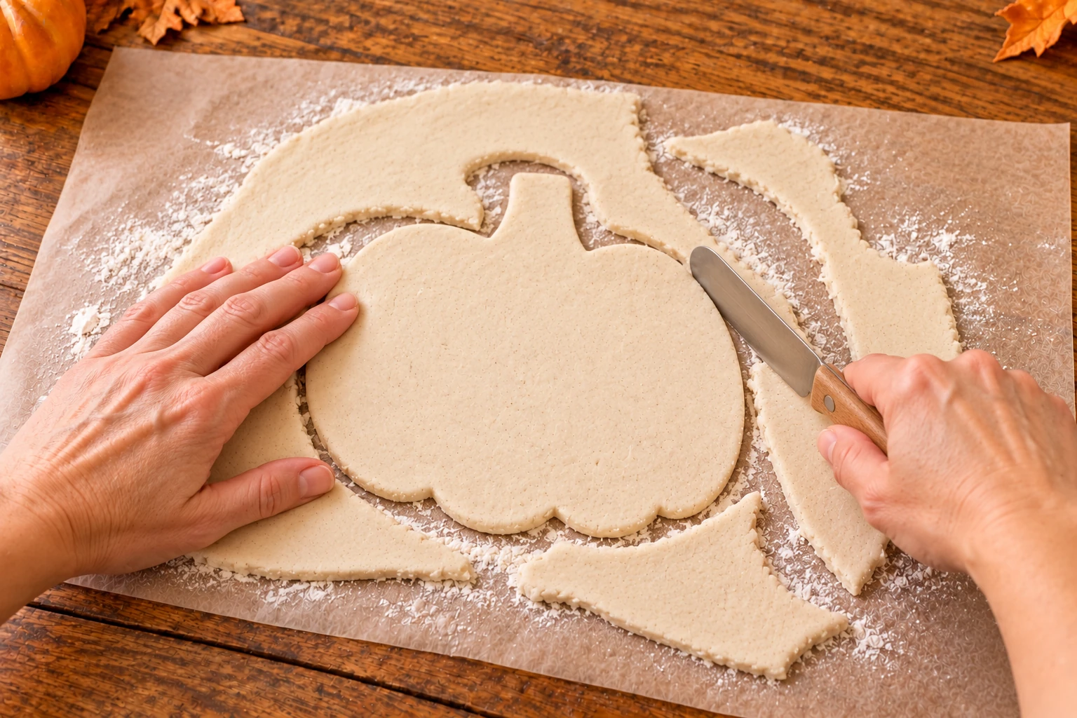 Silhouette de citrouille découpée dans la pâte étalée