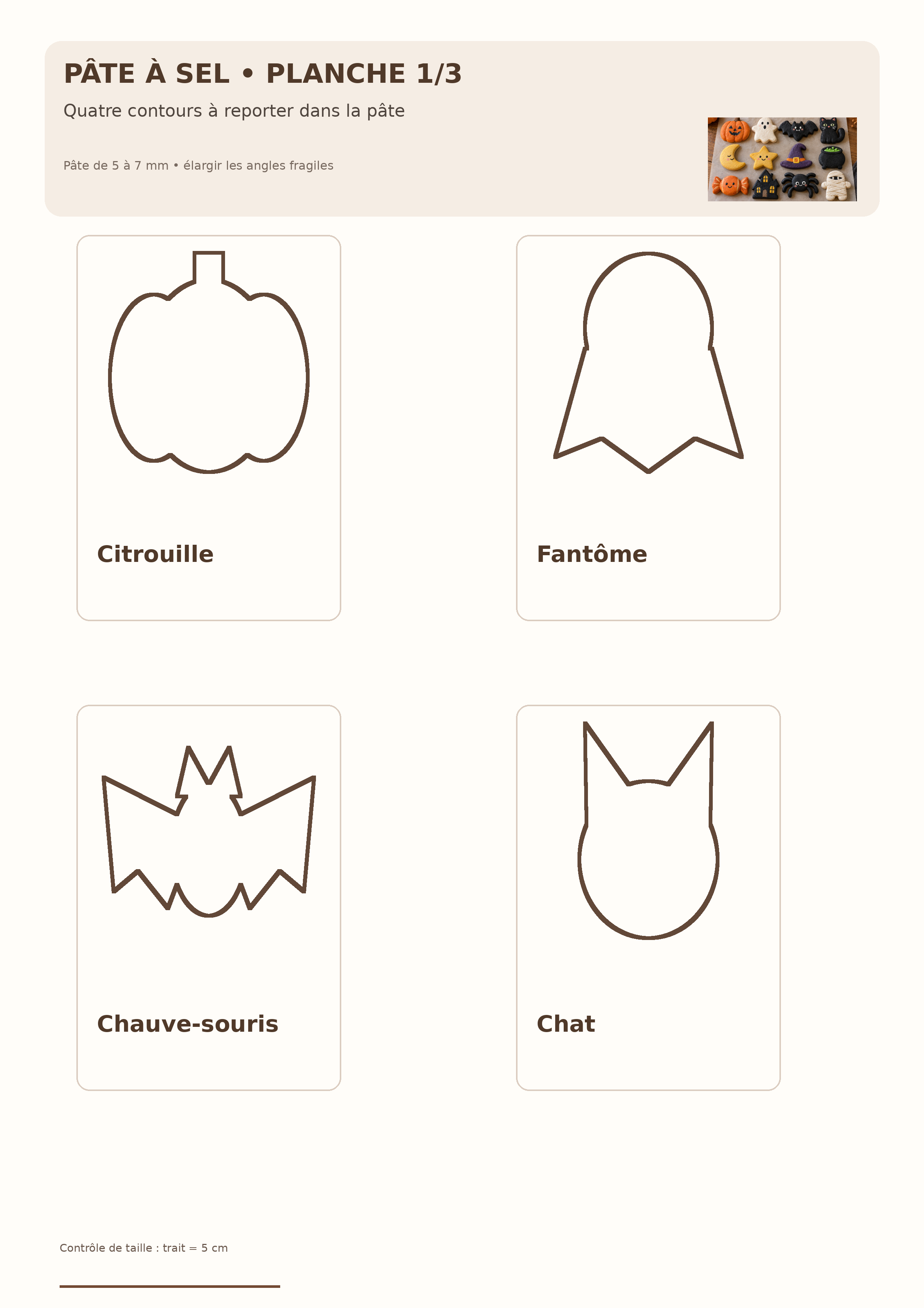 Quatre modèles de pâte à sel Halloween : Citrouille, Fantôme, Chauve-souris, Chat