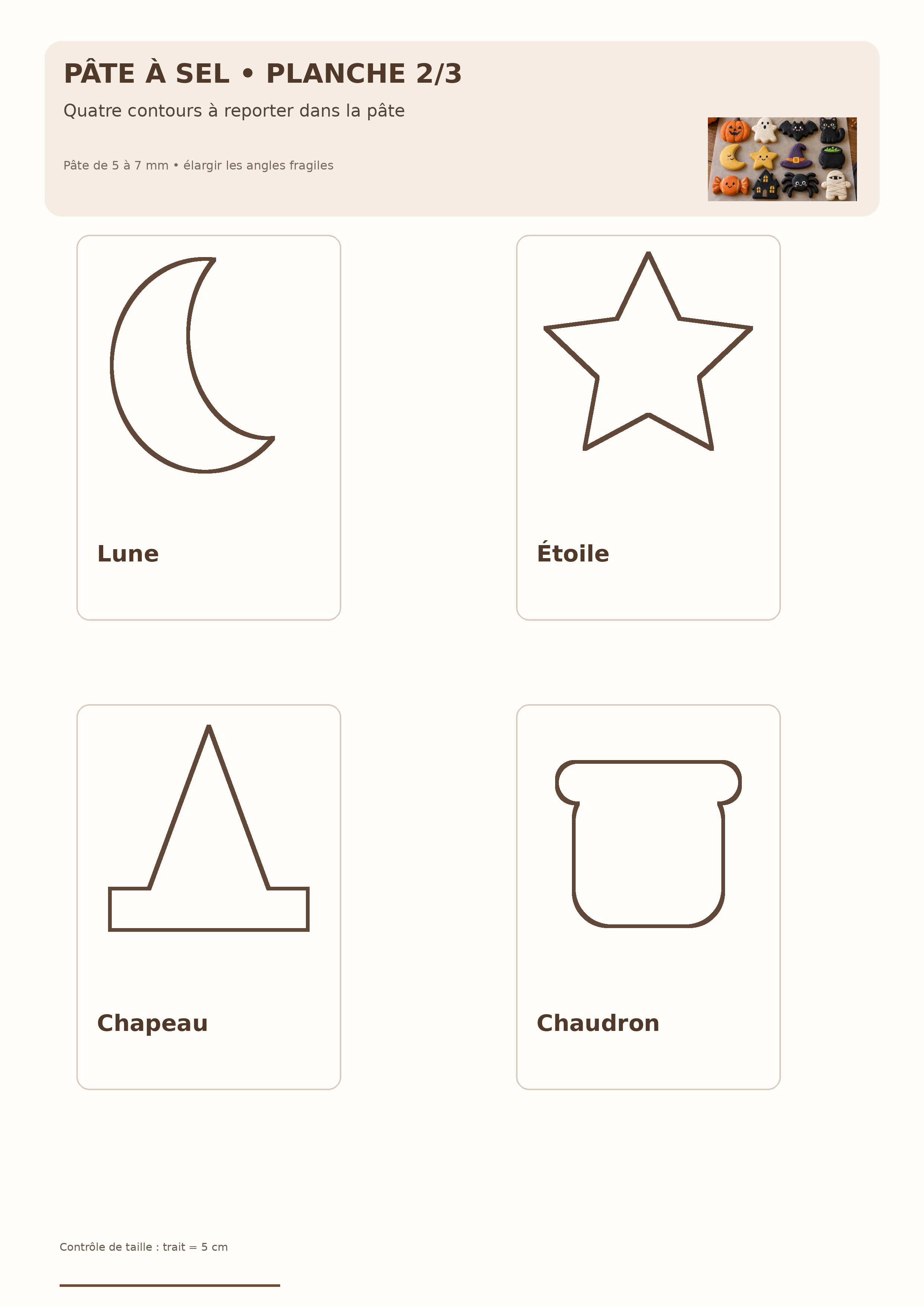 Quatre modèles de pâte à sel Halloween : Lune, Étoile, Chapeau, Chaudron