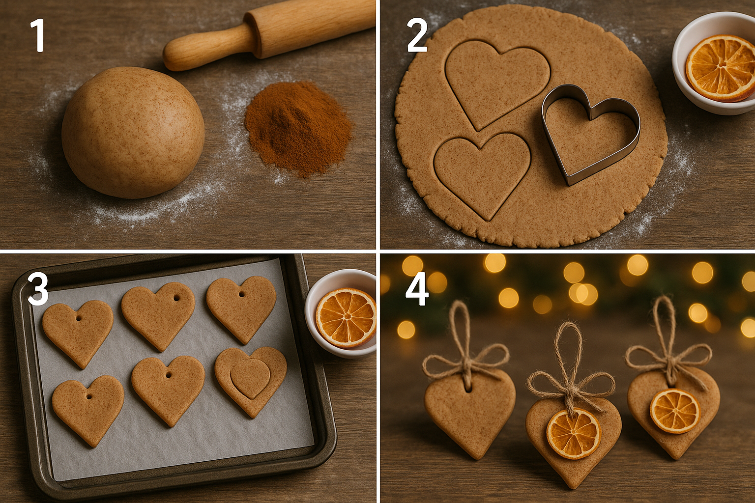 Tutoriel 4 étapes coeurs cannelle et orange en pâte à sel