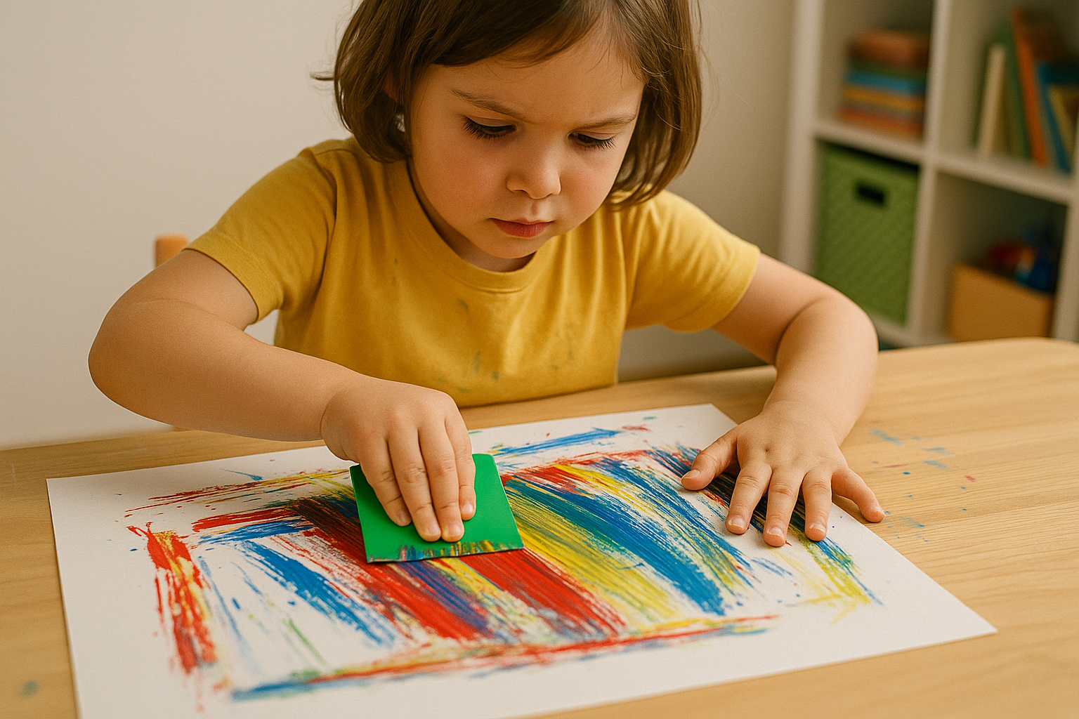 Enfant étalant de la peinture avec une carte rigide pour créer des stries colorées