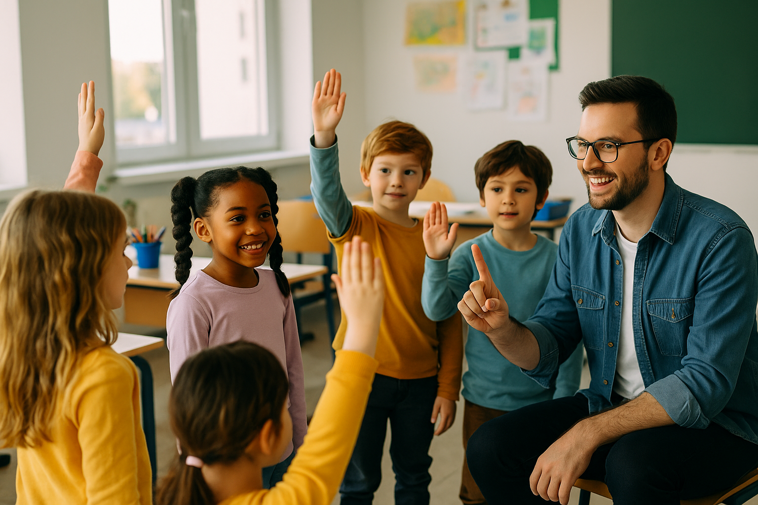 Groupe d’enfants 6–8 ans en périscolaire avec timer visuel et matériel prêt.