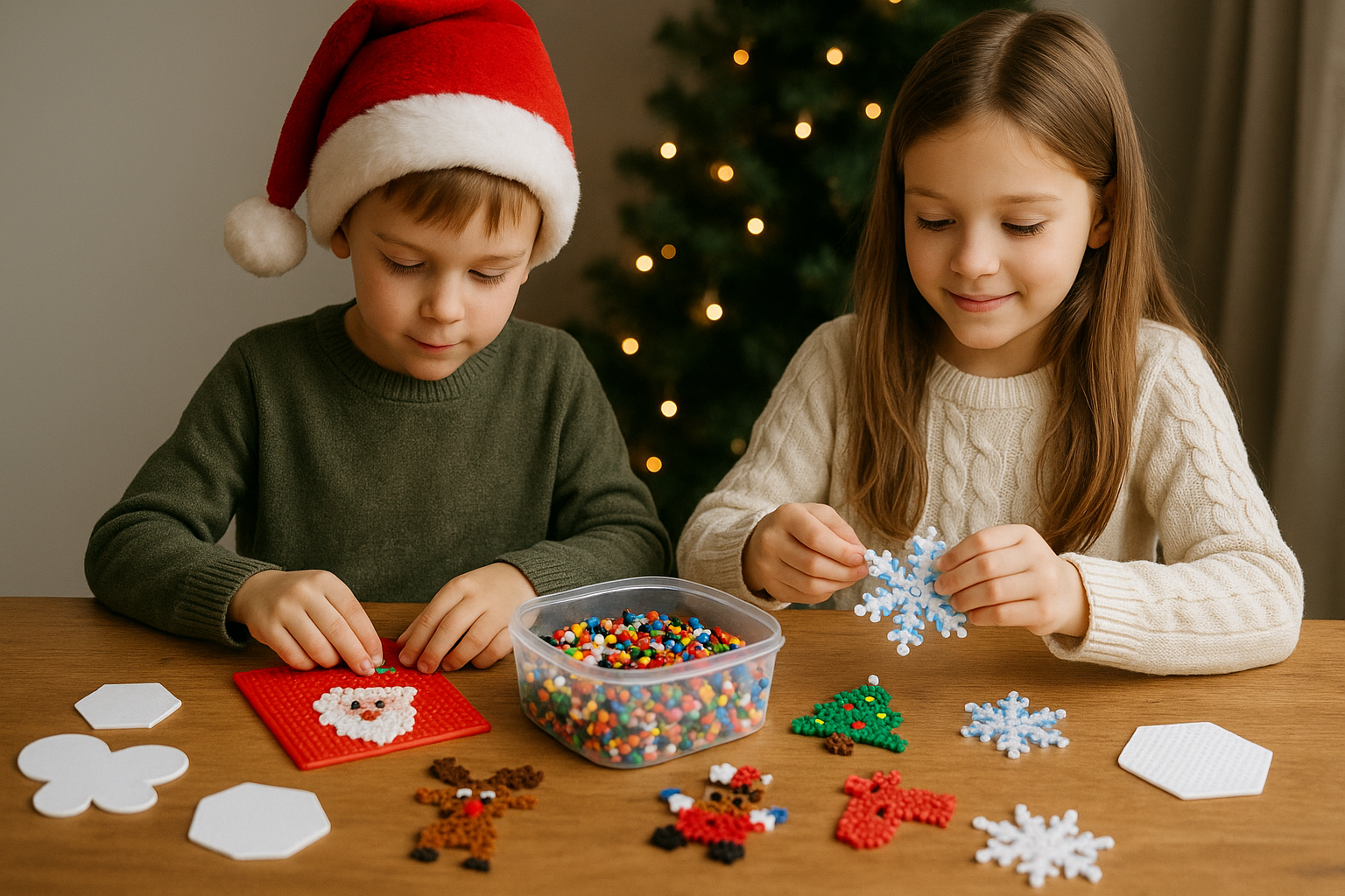 Deux enfants réalisant des décorations de Noël en perles Hama