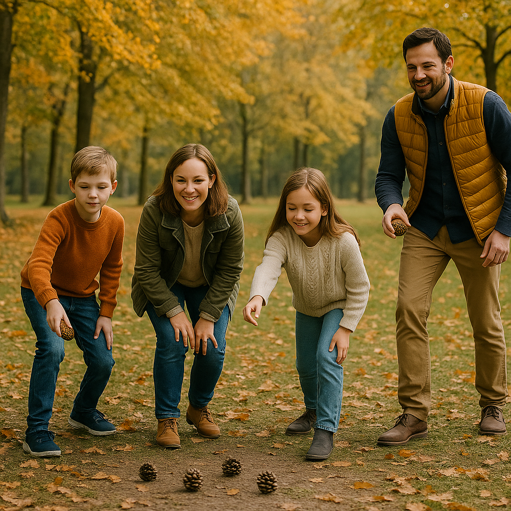 Famille jouant avec des pommes de pin dans un parc d’automne.