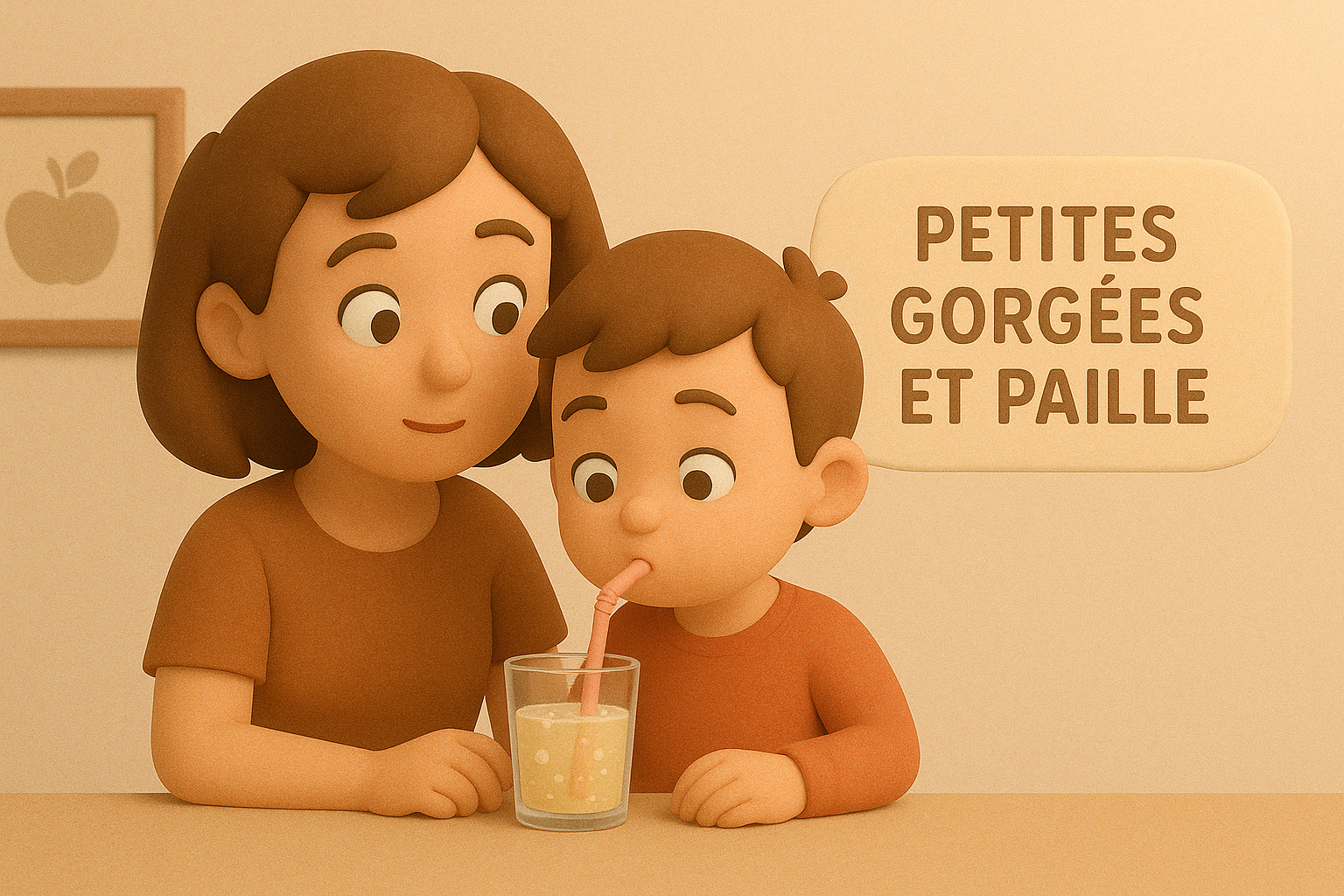 Enfant avec un parent, petites gorgées à la paille, scène 3D chaleureuse