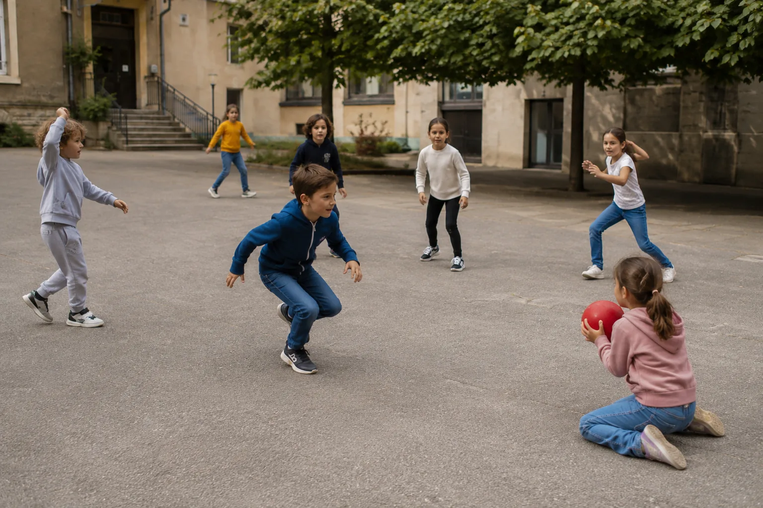 Enfants qui jouent à la balle assise dans une cour