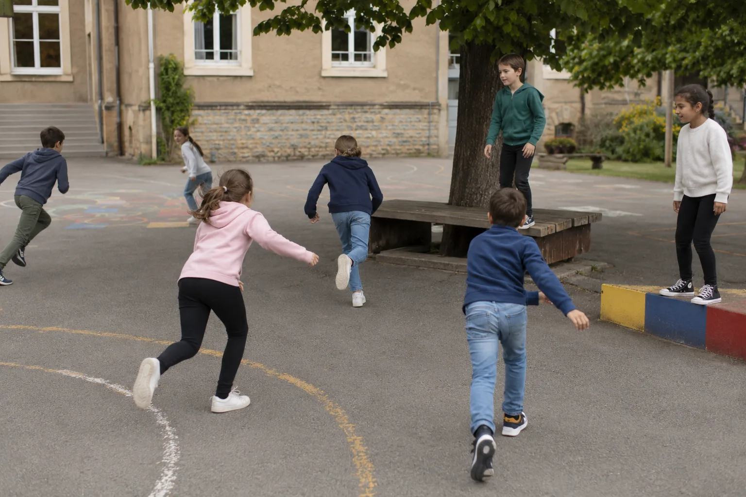 Enfants qui jouent au chat perché avec des refuges dans une cour