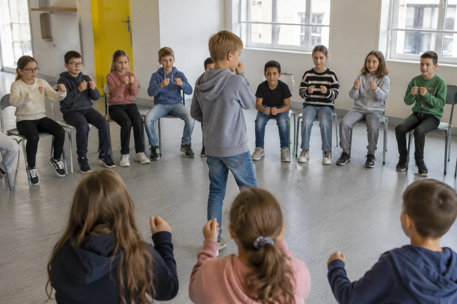 Enfants en cercle pendant un jeu du Chef d’Orchestre