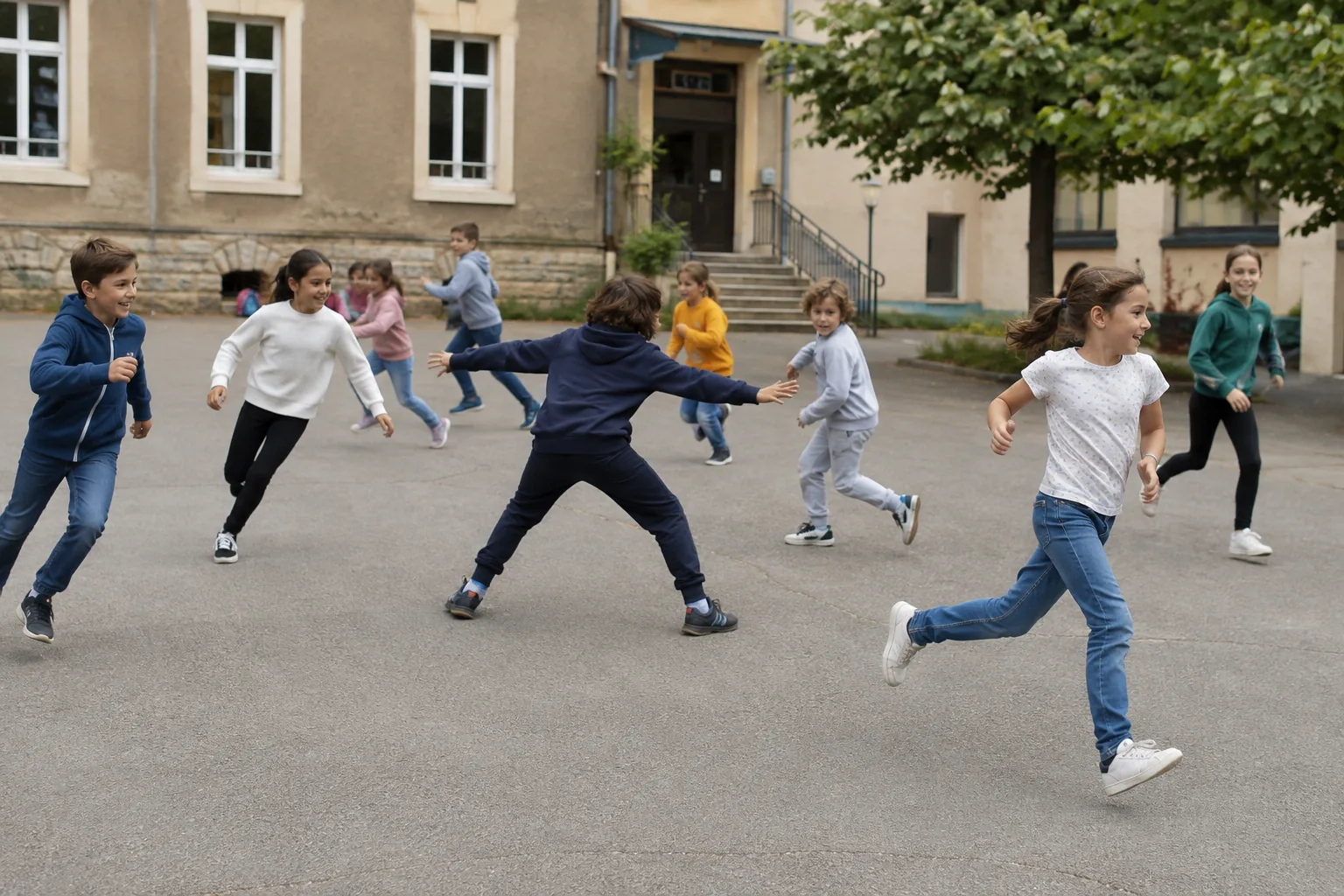 Enfants qui traversent une cour pendant une partie d’Épervier