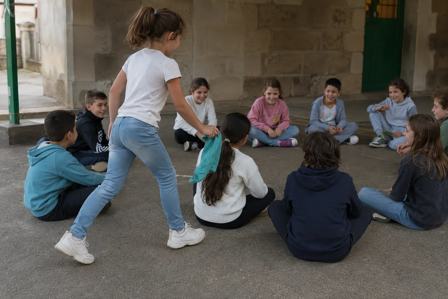 Enfants assis en cercle pendant le jeu du Facteur n’est pas passé