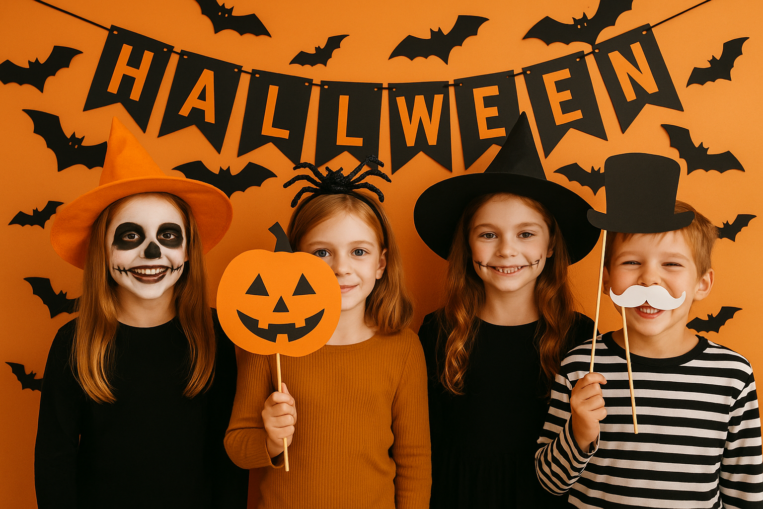 Espace photo booth d’Halloween avec accessoires pour enfants