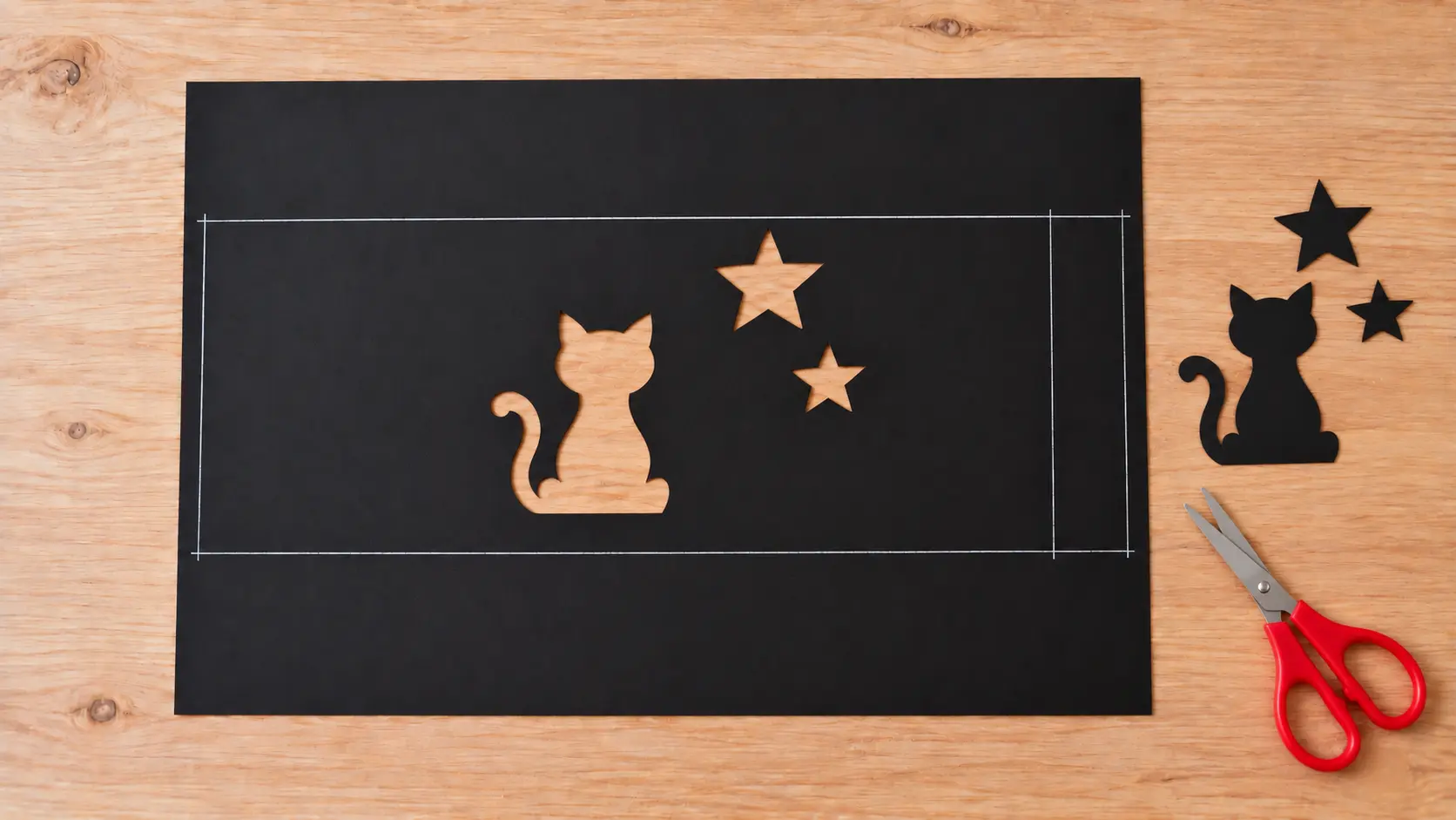 Chat et étoiles évidés dans le carton, languette conservée