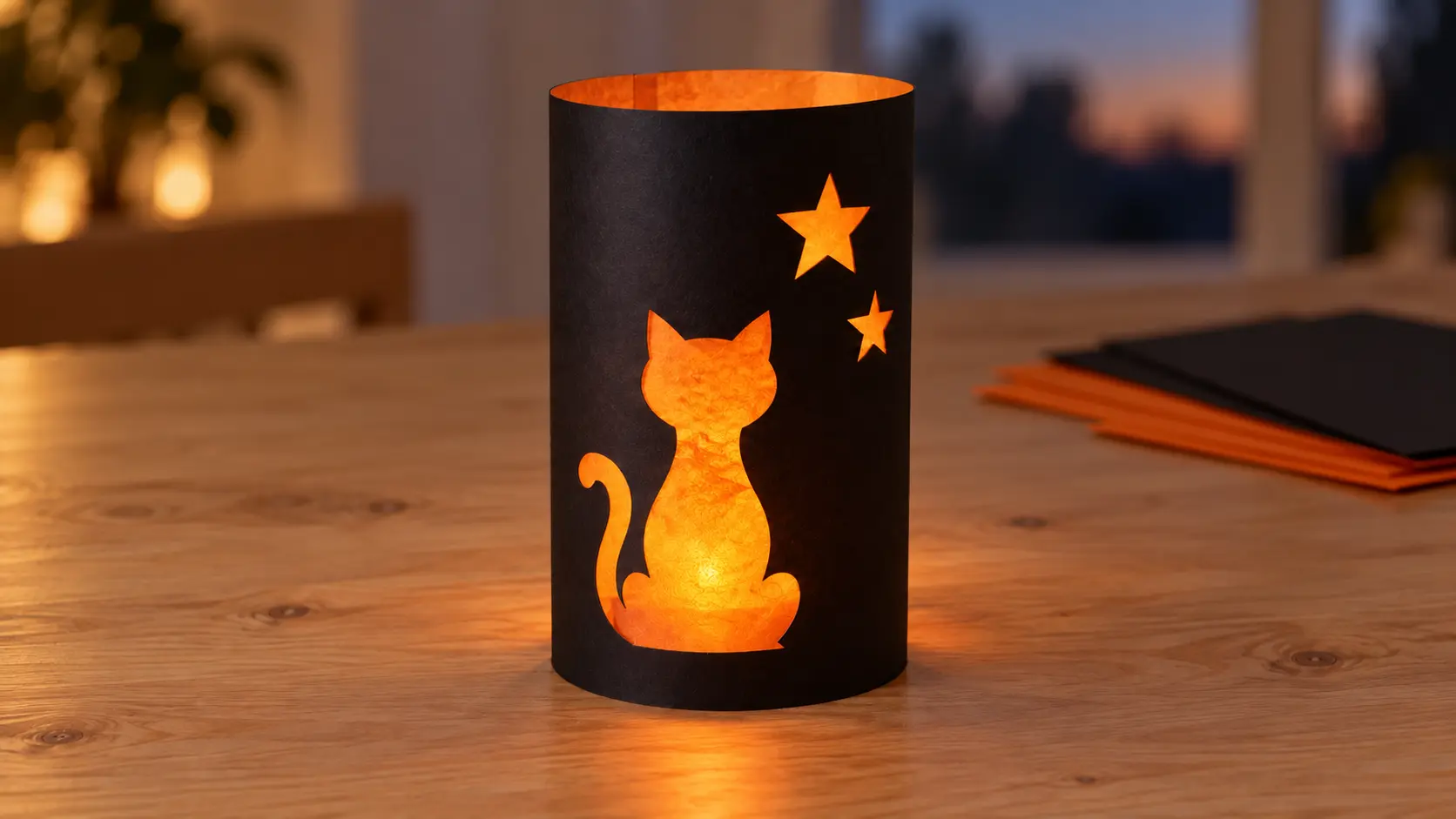 Photophore cylindrique noir, chat et deux étoiles éclairés par du calque orange