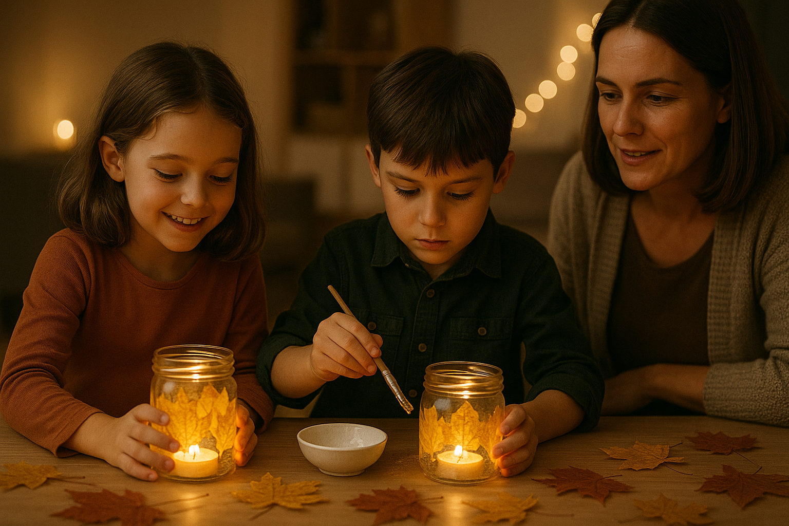 Enfants fabriquant des photophores d'automne avec des feuilles collées sur des bocaux