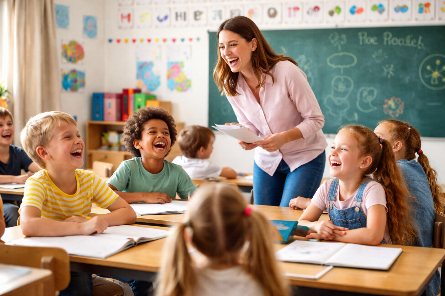 Enseignante et élèves riant autour d'un cahier
