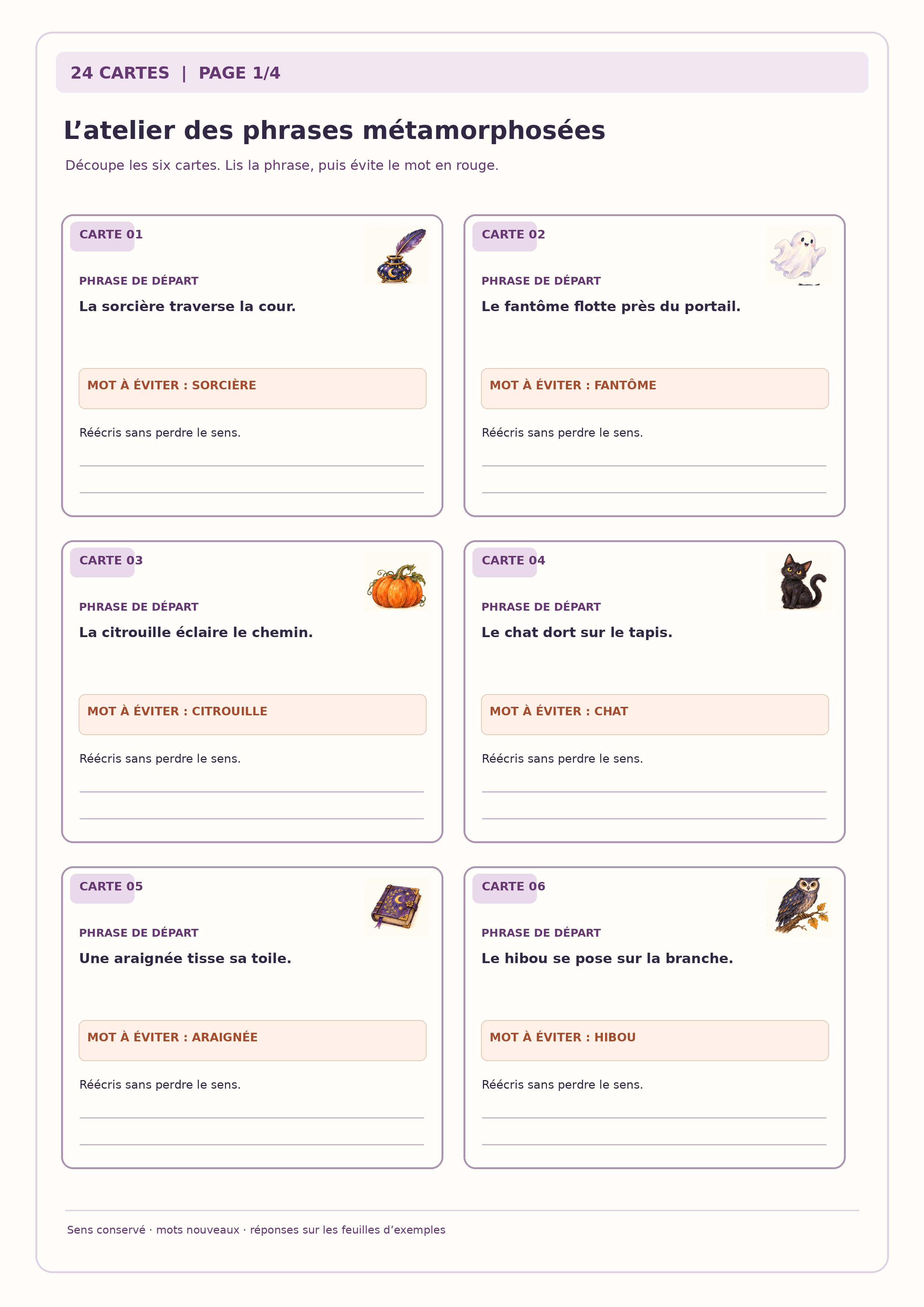 Six cartes Halloween illustrées proposant chacune une phrase à reformuler et un mot à éviter