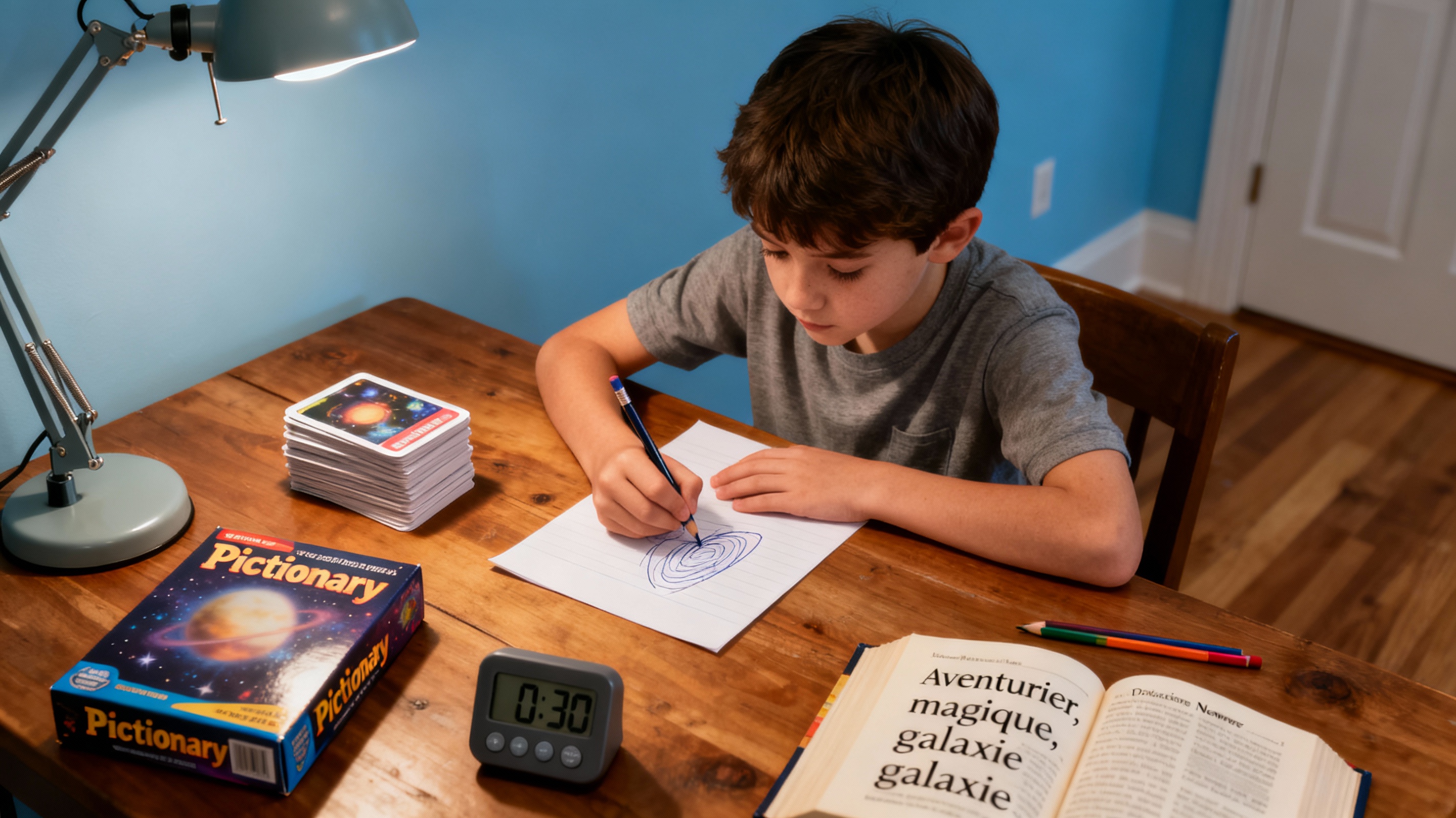Enfant dessinant un mot pour le Pictionary avec minuteur et dictionnaire