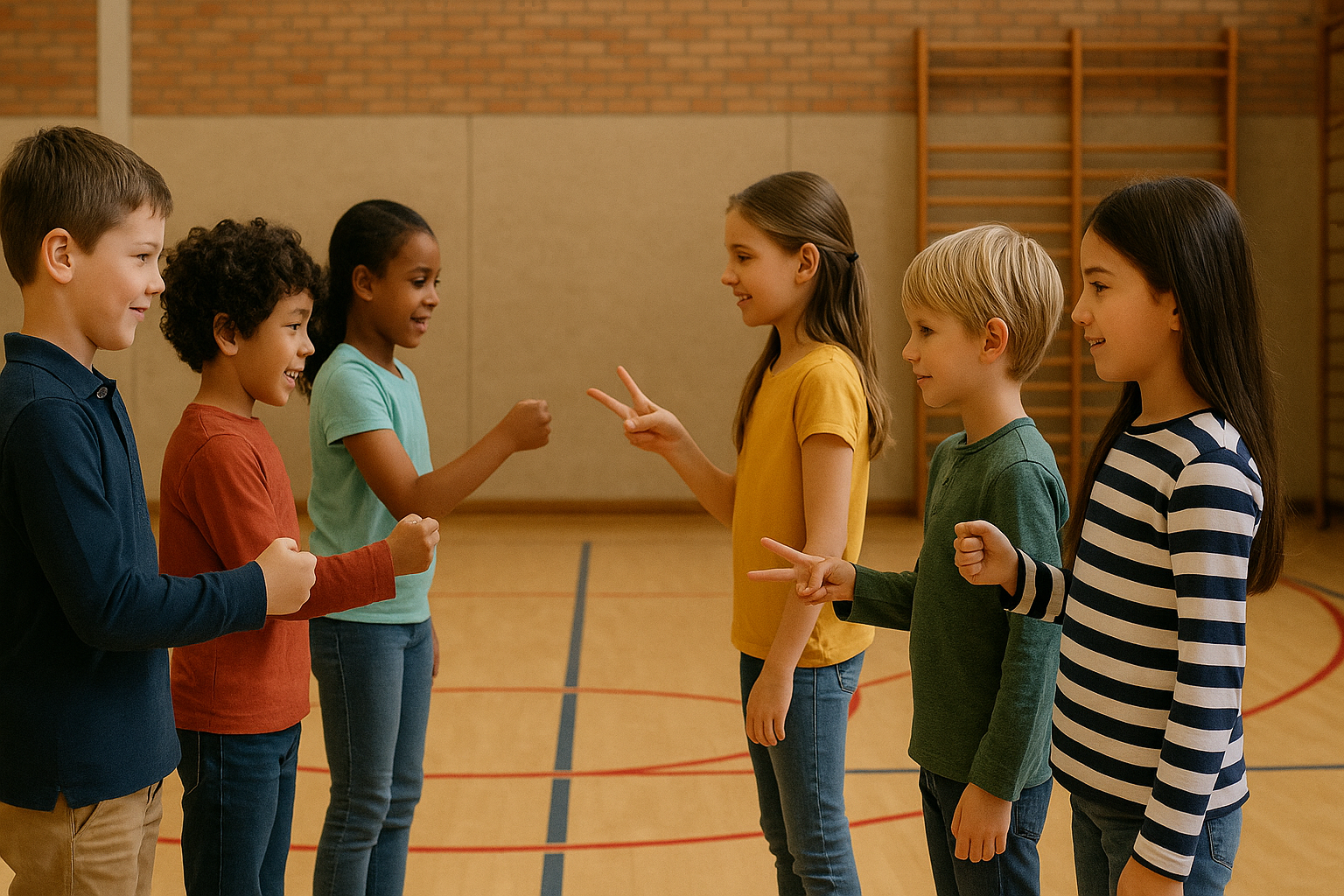 Enfants face à face jouant à pierre-feuille-ciseaux lors d'un tournoi en cascade