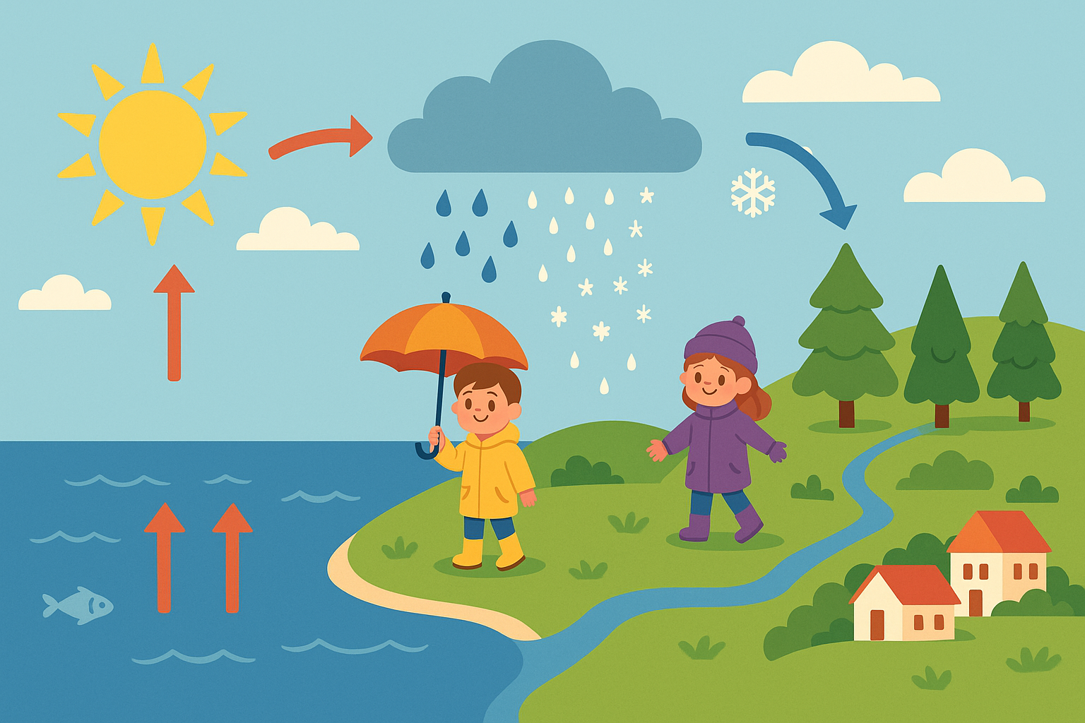 Illustration enfants sous la pluie et la neige montrant les précipitations