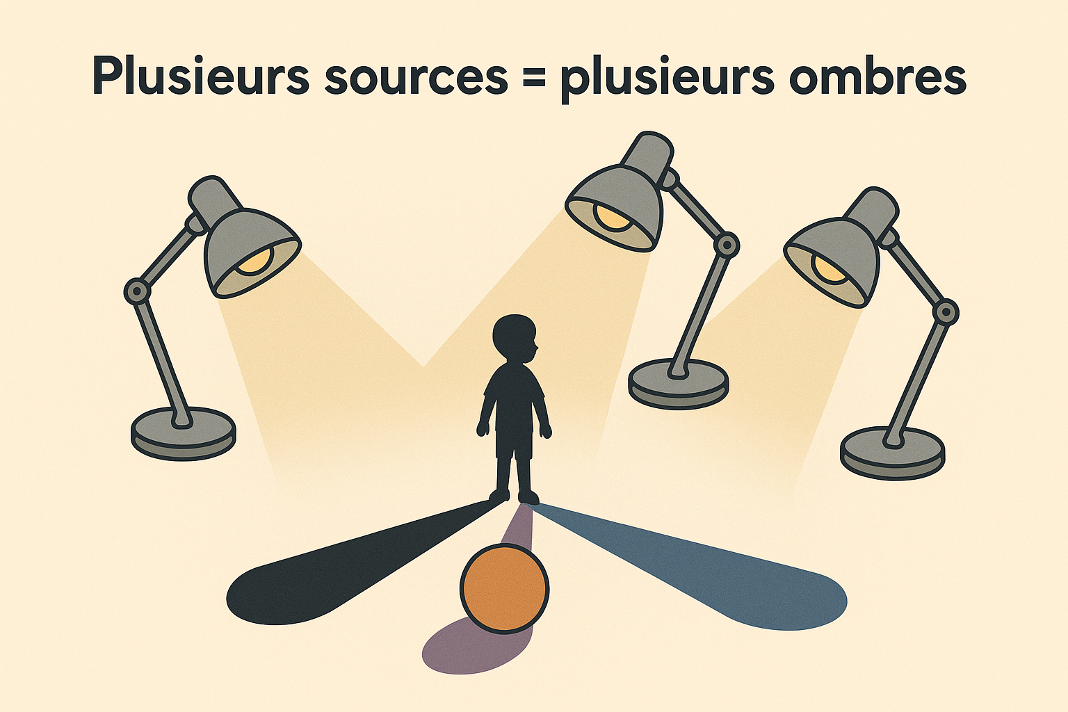 Trois lampes, un enfant et une balle créant plusieurs ombres