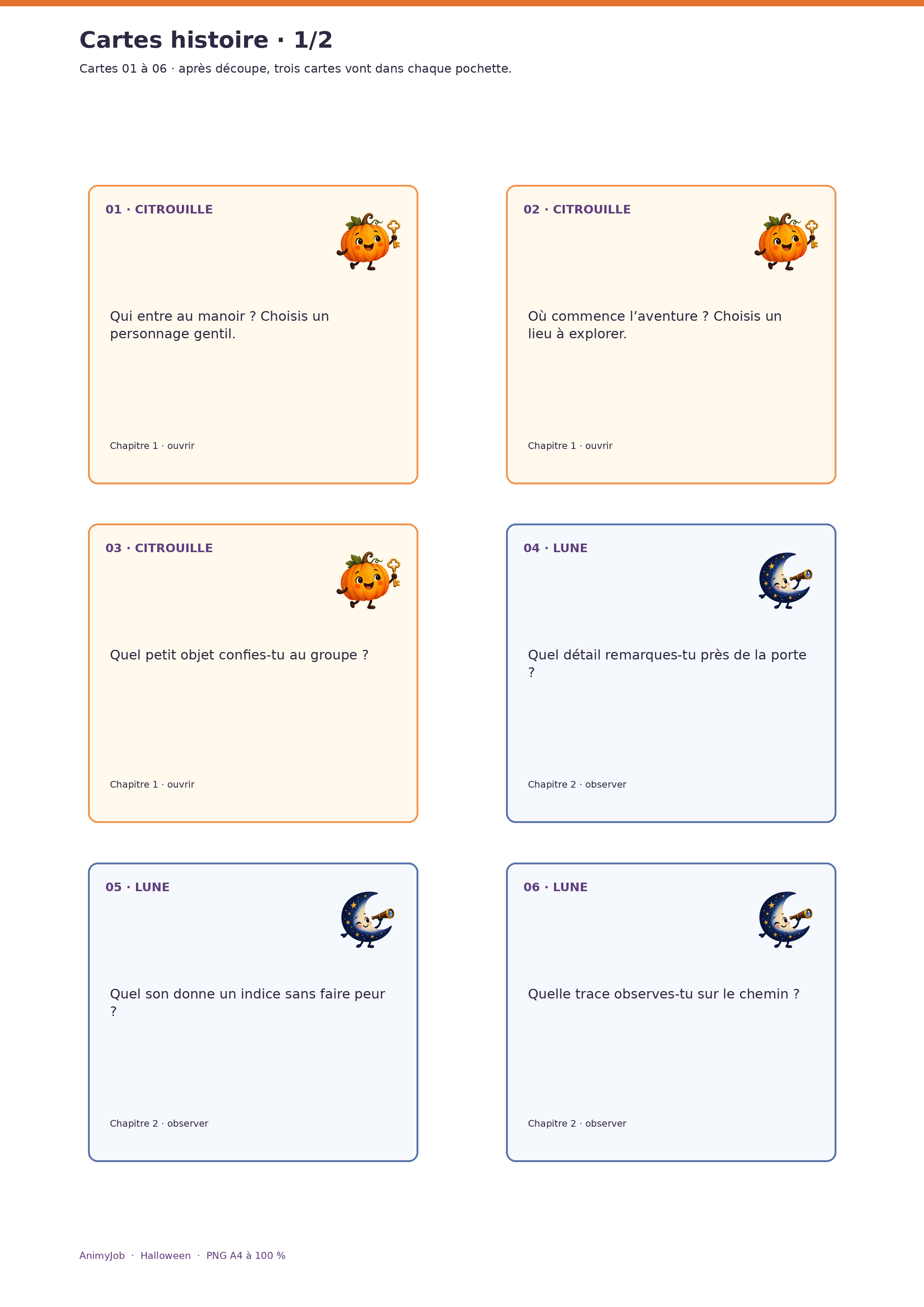 Six cartes de récit pour la pochette citrouille et la pochette lune, numérotées un à six