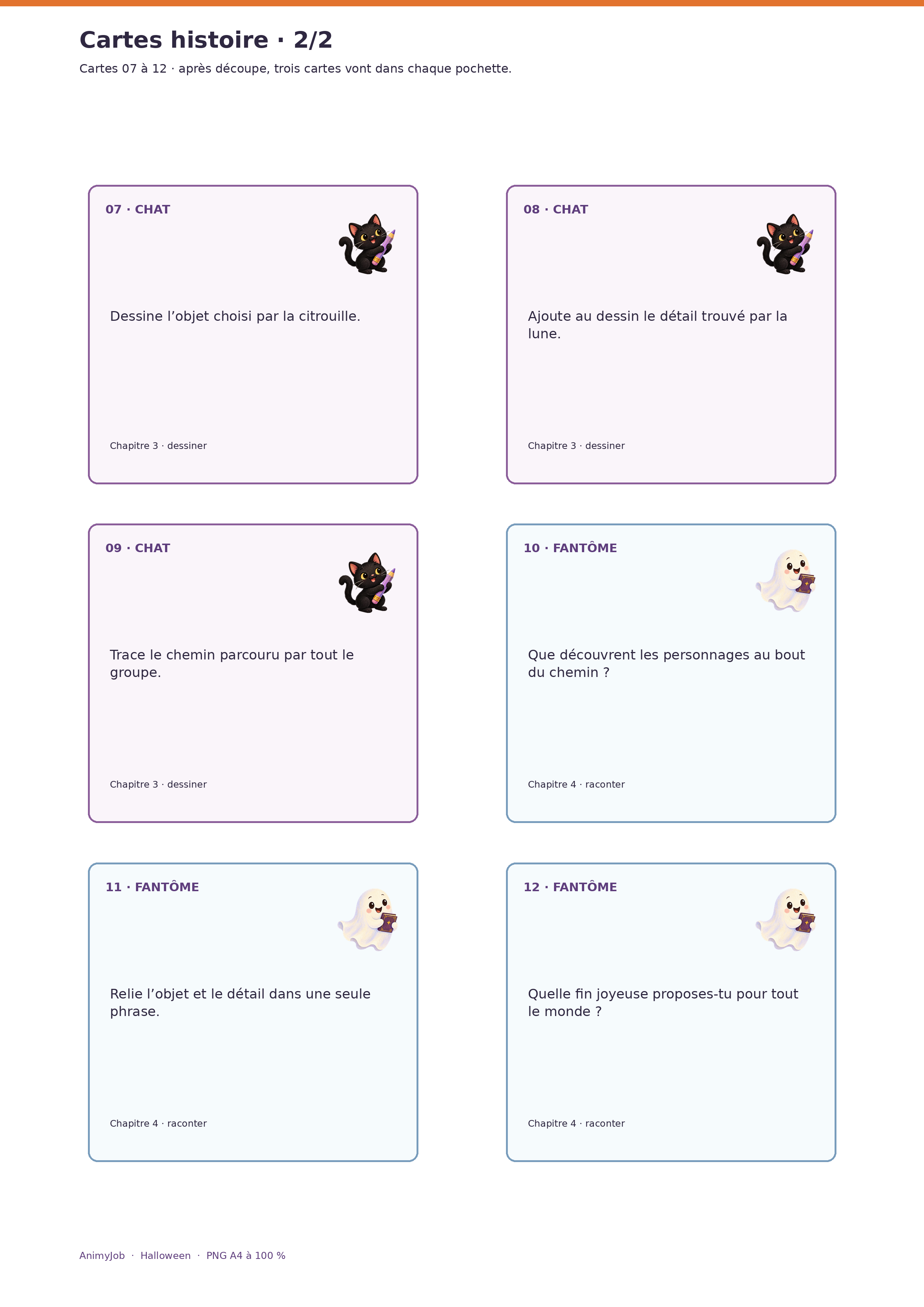 Six cartes de récit pour la pochette chat et la pochette fantôme, numérotées sept à douze