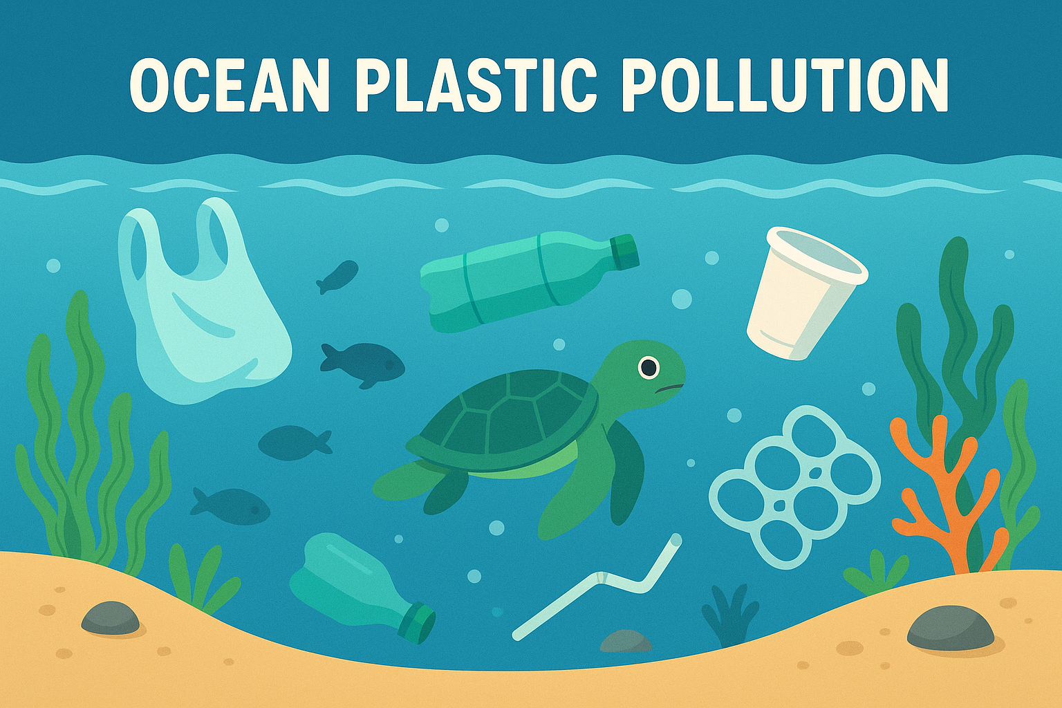 Pollution plastique sous-marine avec tortue et déchets flottants