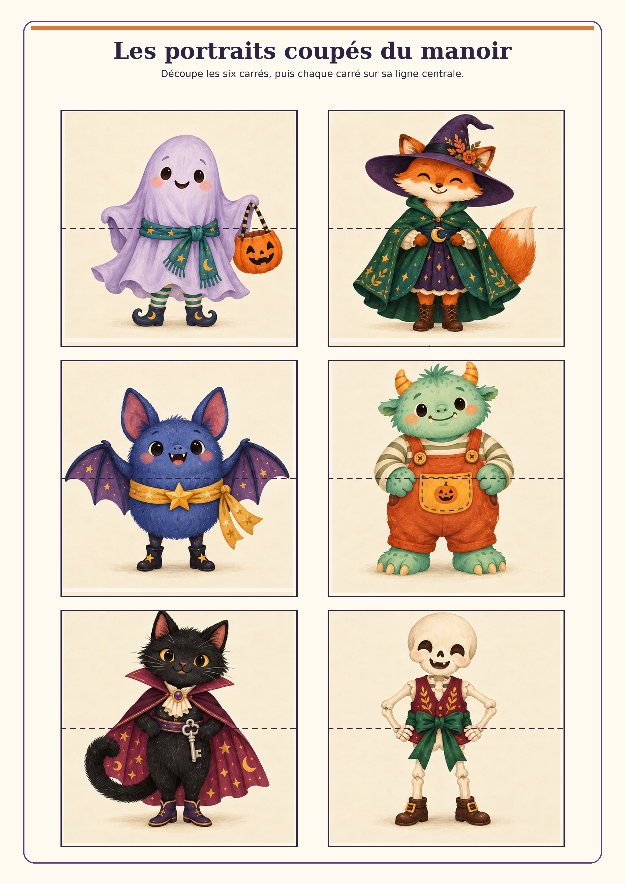 Planche A4 de six personnages Halloween souriants, chacun partagé par une ligne horizontale à découper