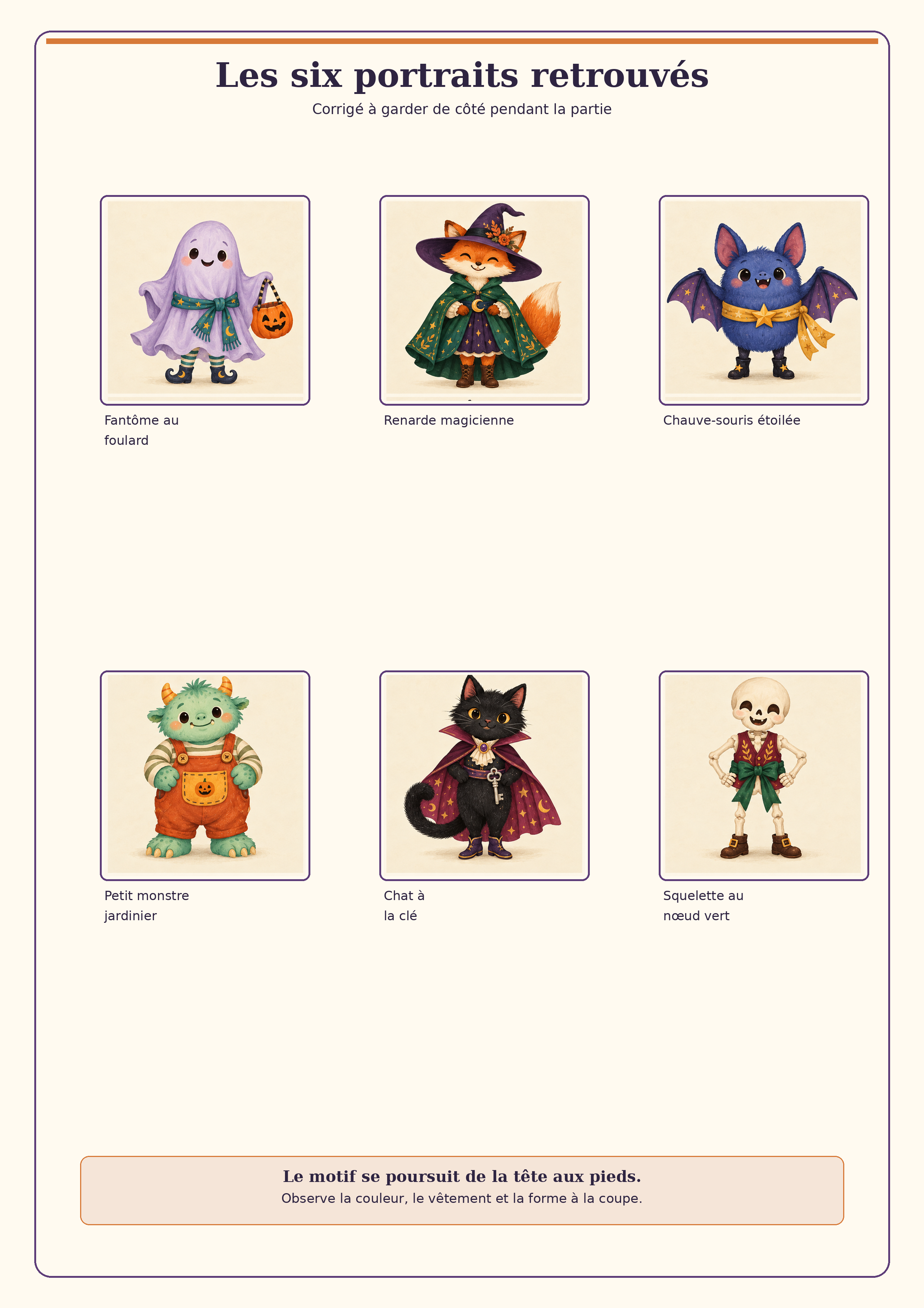 Corrigé A4 avec les six portraits Halloween complets et leurs noms