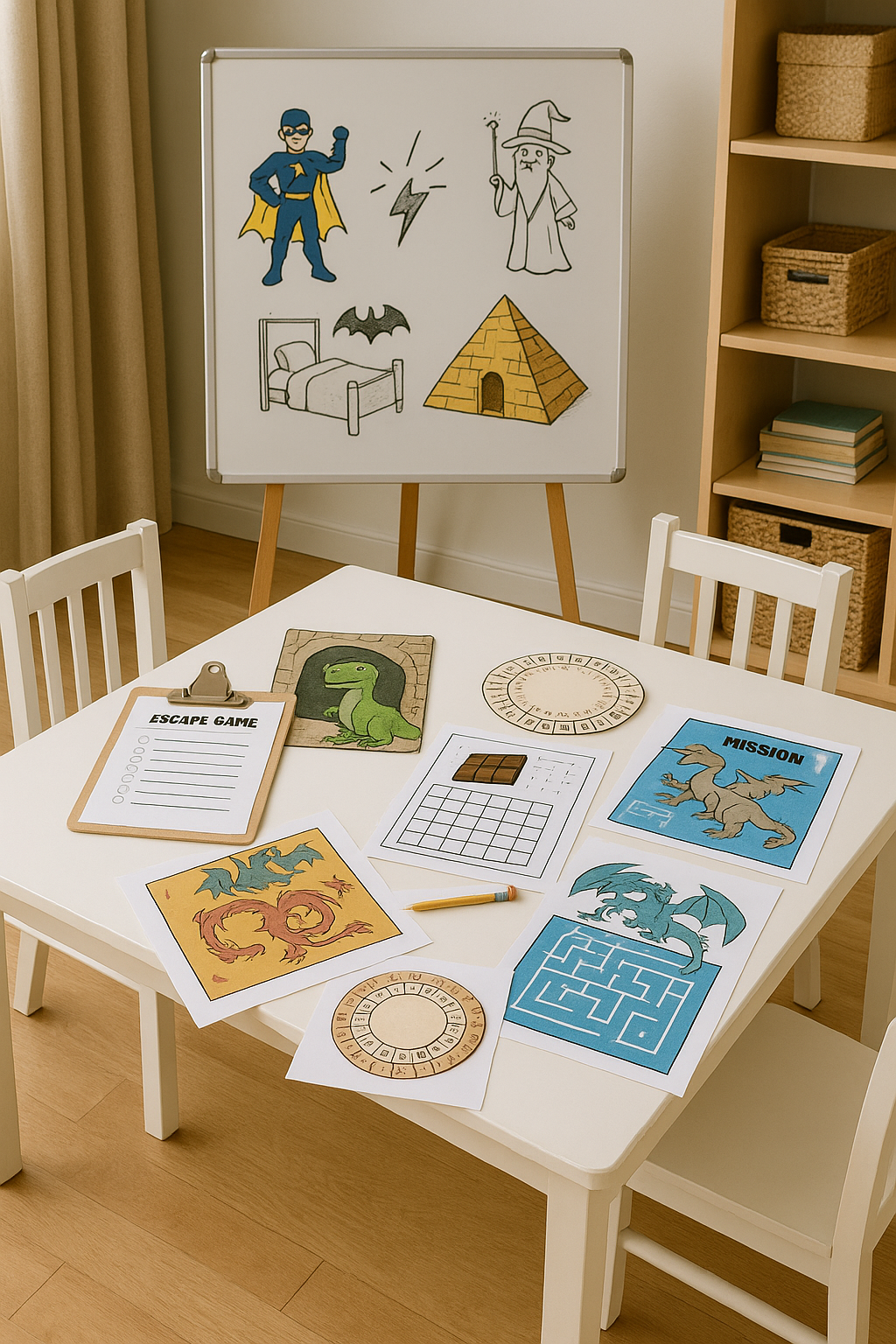 Salle d’escape game enfant avec zones délimitées et matériel prêt.