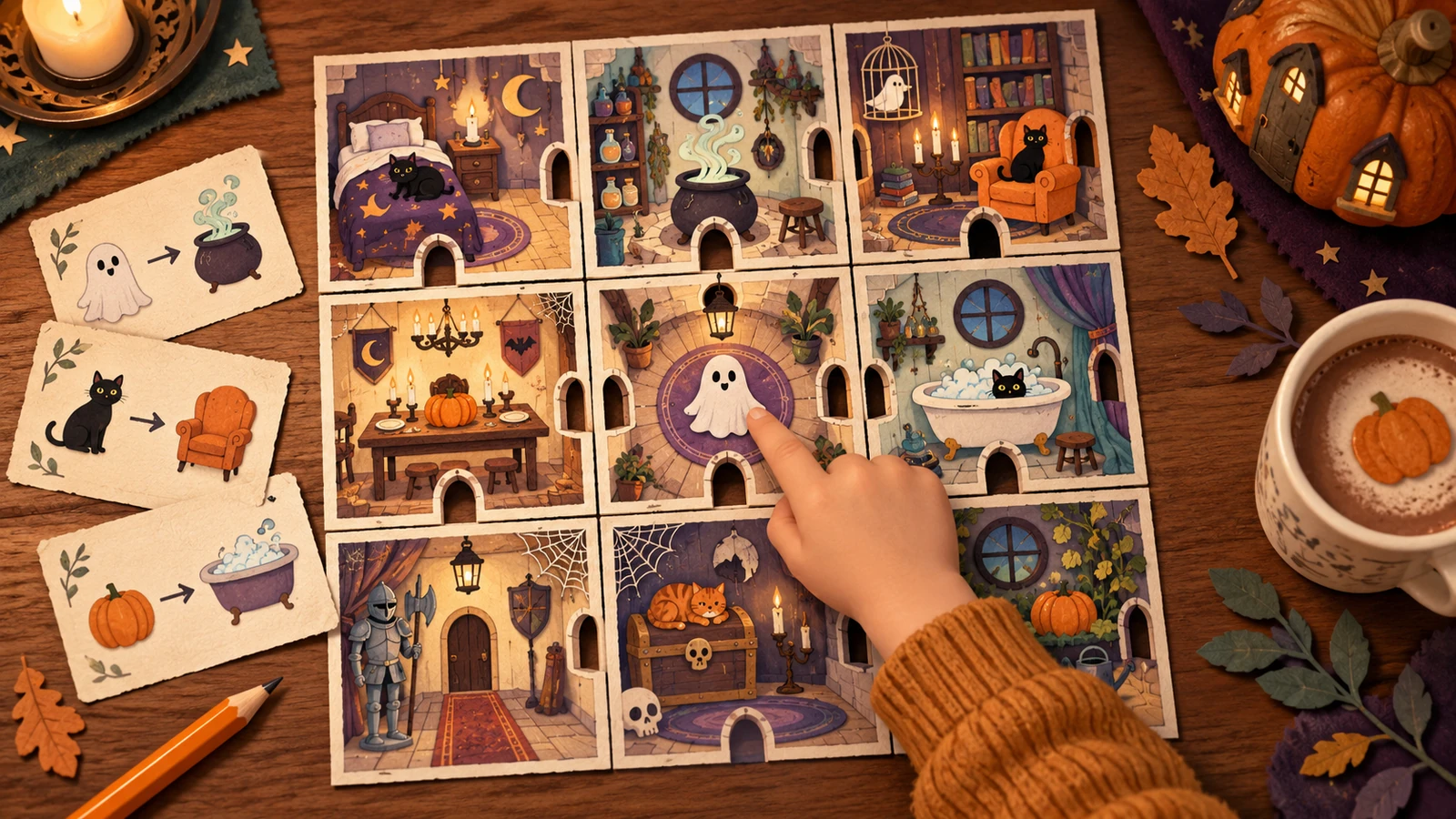 Enfant observant des salles illustrées en papier sur une table pour reconstituer un manoir d’Halloween
