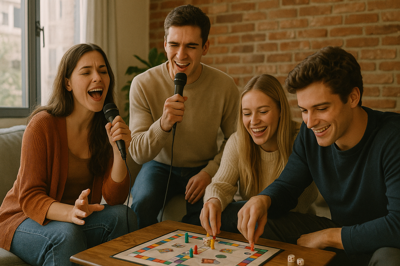 Groupe d'amis en karaoké et jeux de société