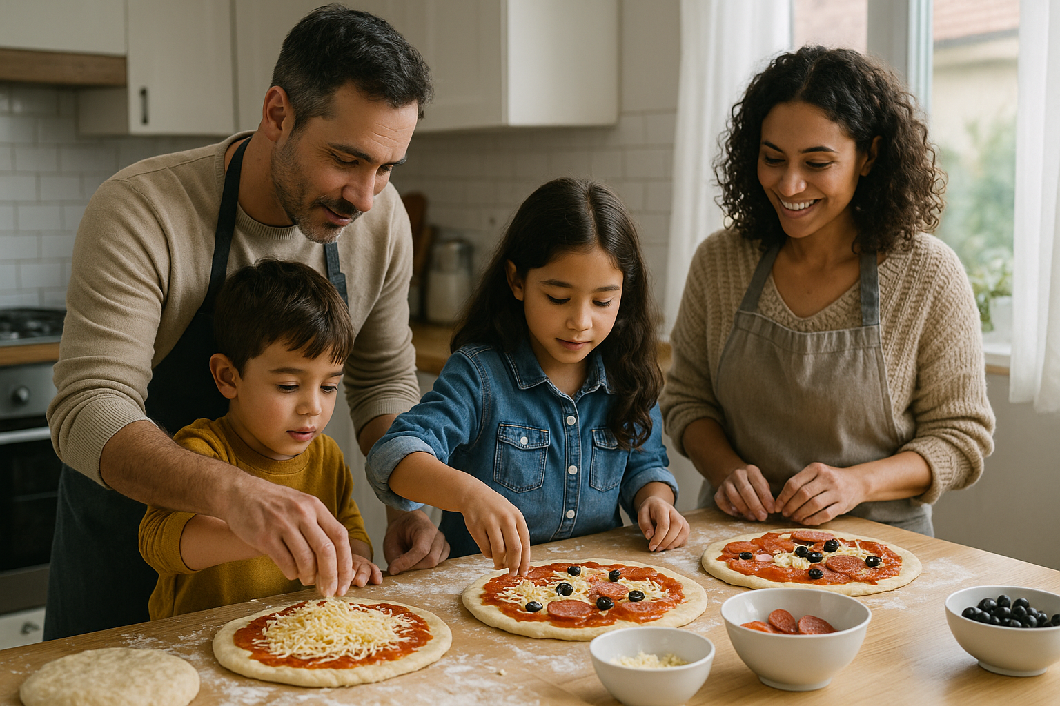 Famille qui cuisine et joue ensemble un samedi