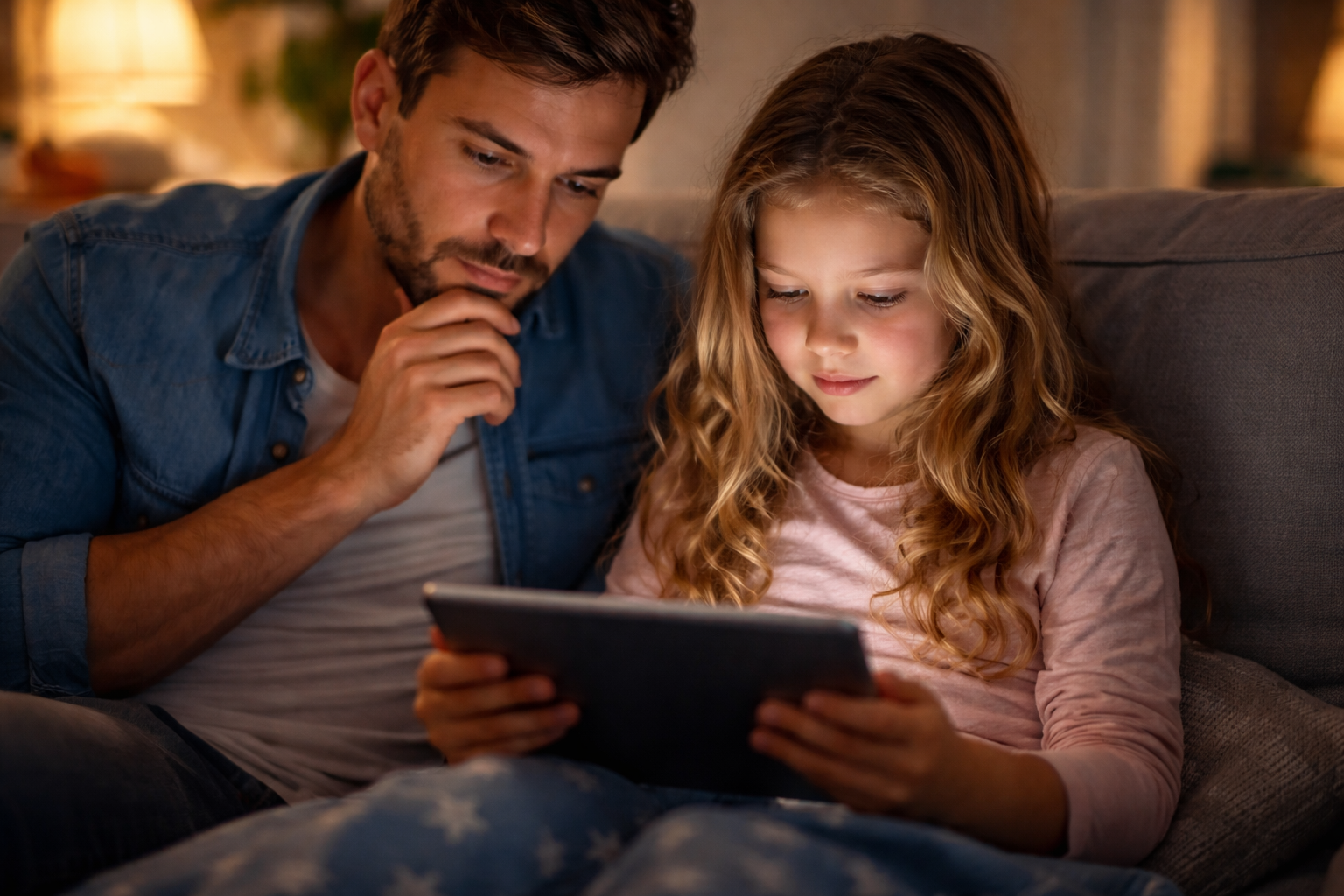 Parent et enfant devant un écran à la maison