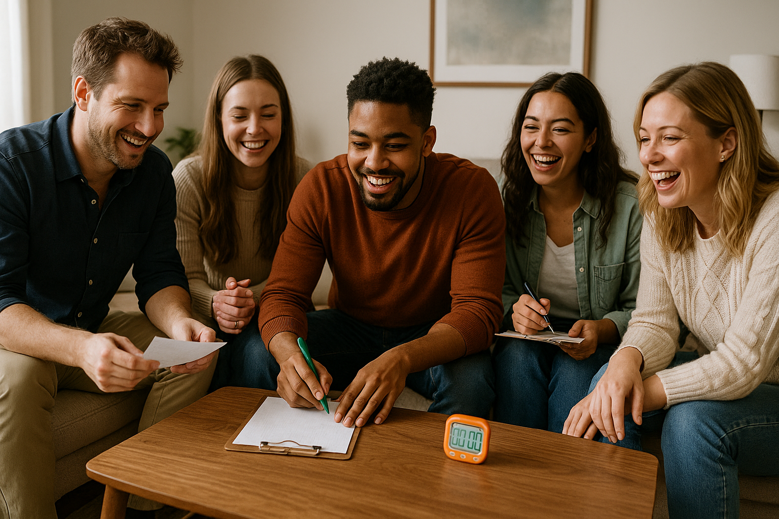 Groupe d’amis autour d’une table écrivant des réponses de quiz avec un minuteur visible.