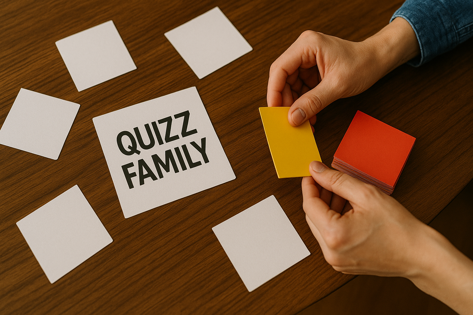 Cartes de quiz famille posées sur une table, mains qui jouent