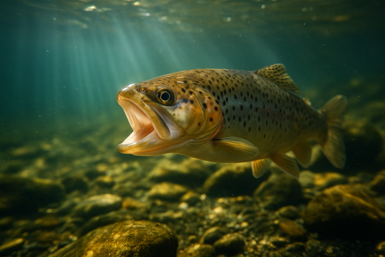 Scène réaliste d'un poisson tenu délicatement au-dessus d'un ruisseau clair pour l'observer et le relâcher