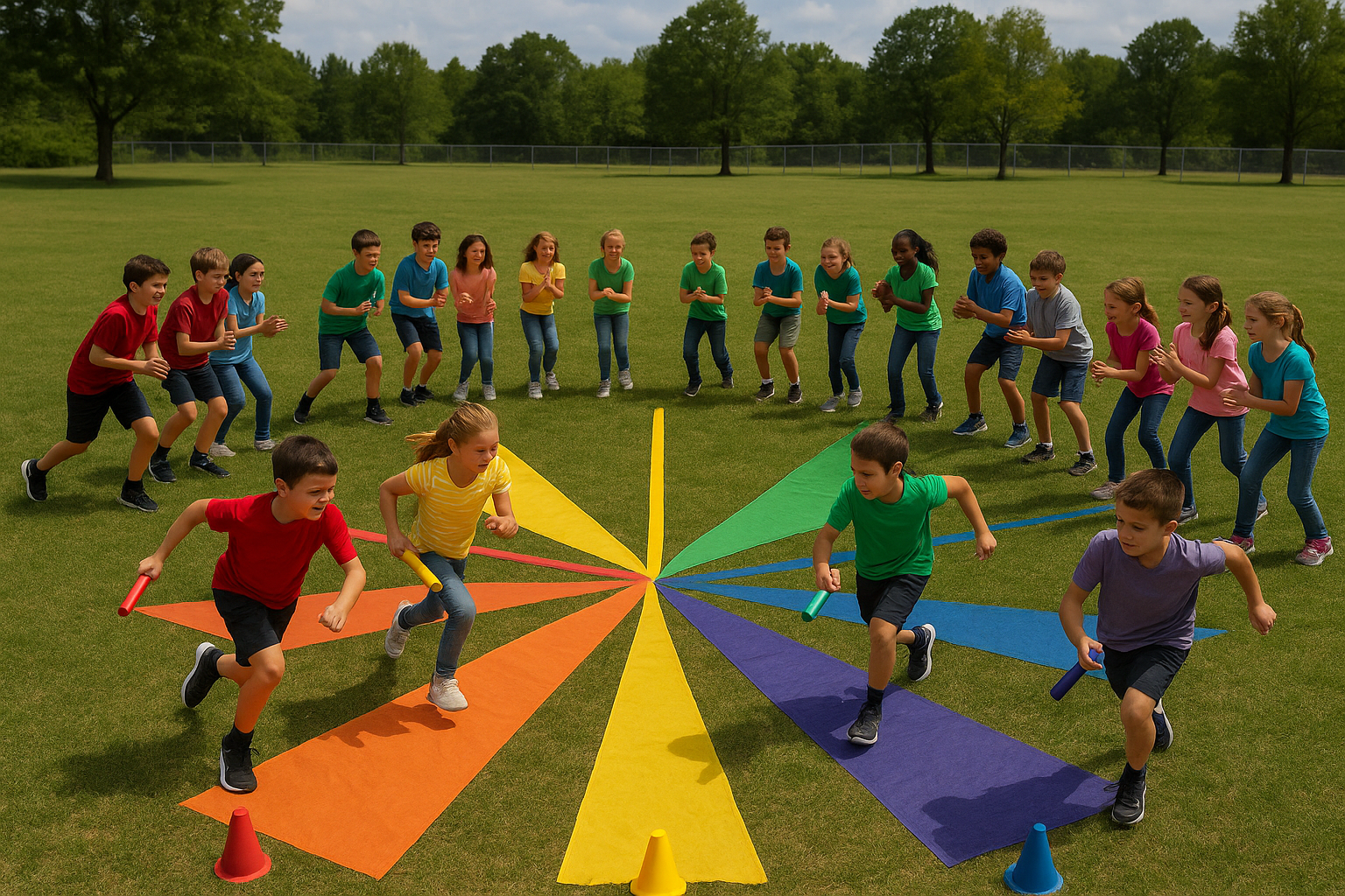 Relais simultané par 6 équipes en étoile avec cônes colorés au centre