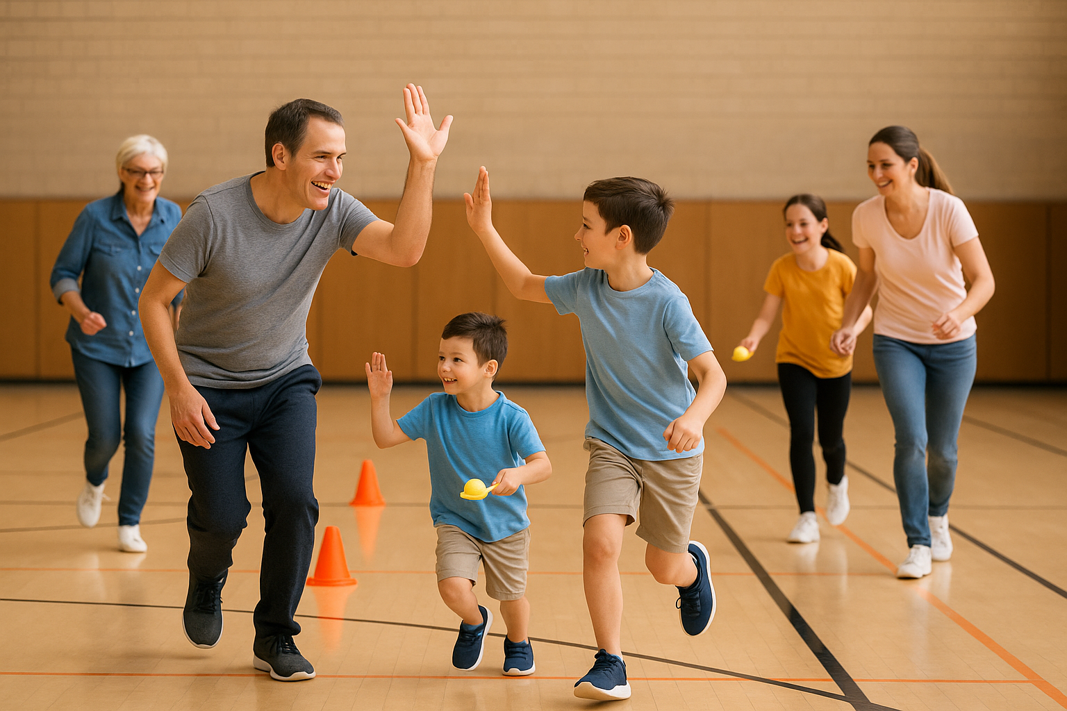 Parents et enfants en relais, high five au gymnase