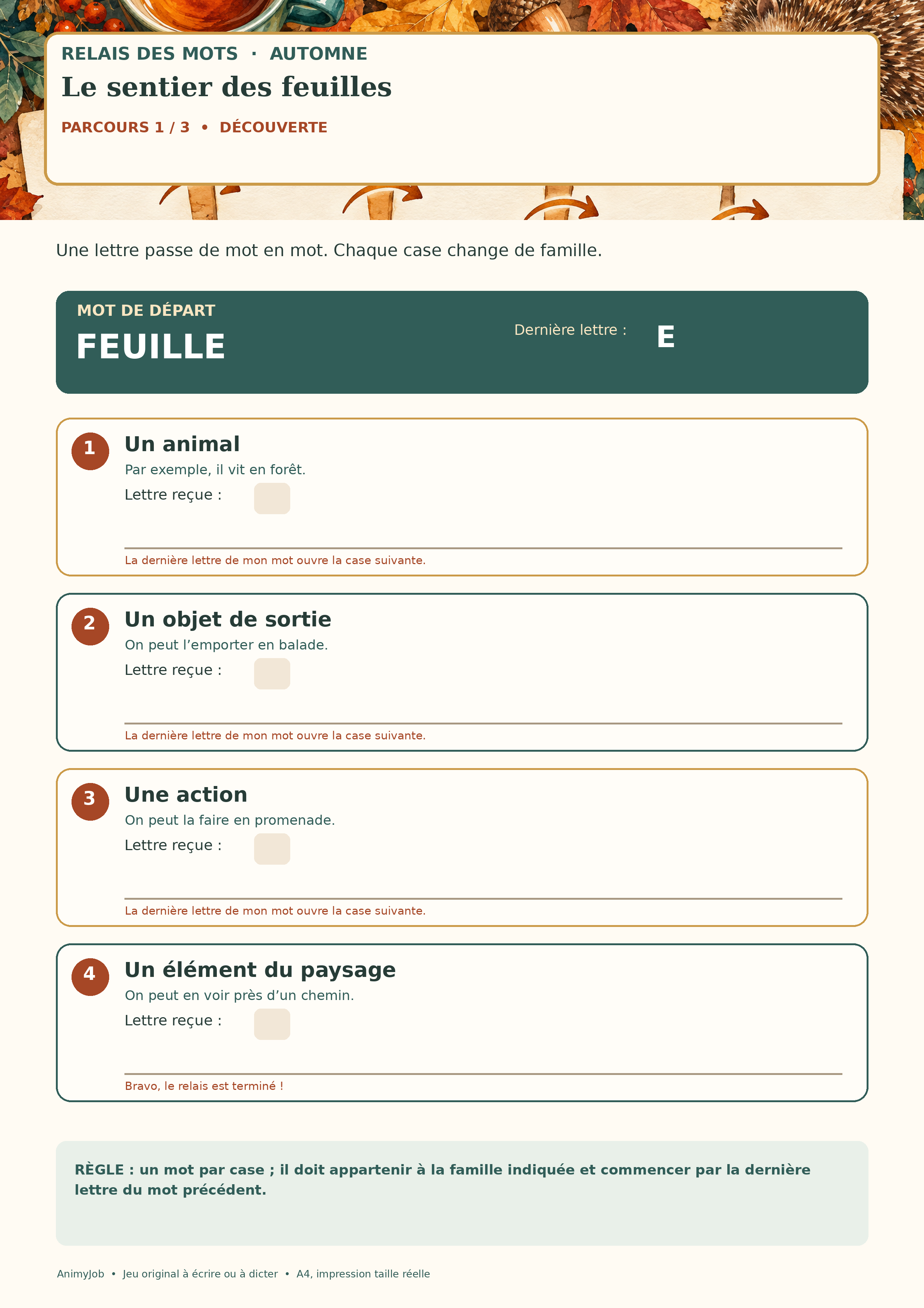 Parcours A4 du relais de mots d’automne : FEUILLE puis animal, objet, action et paysage