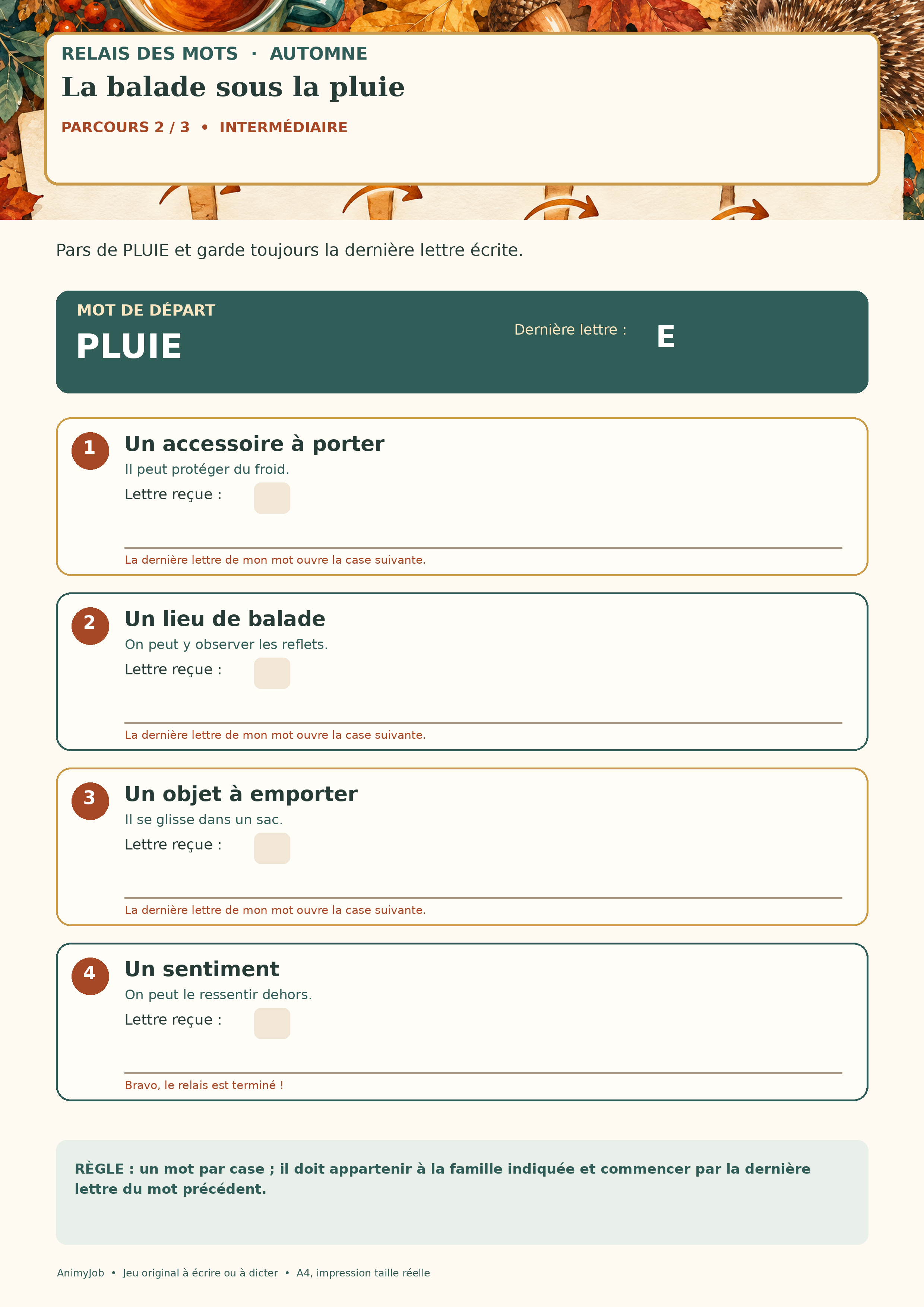 Deuxième parcours A4 : PLUIE puis accessoire, lieu de balade, objet et sentiment