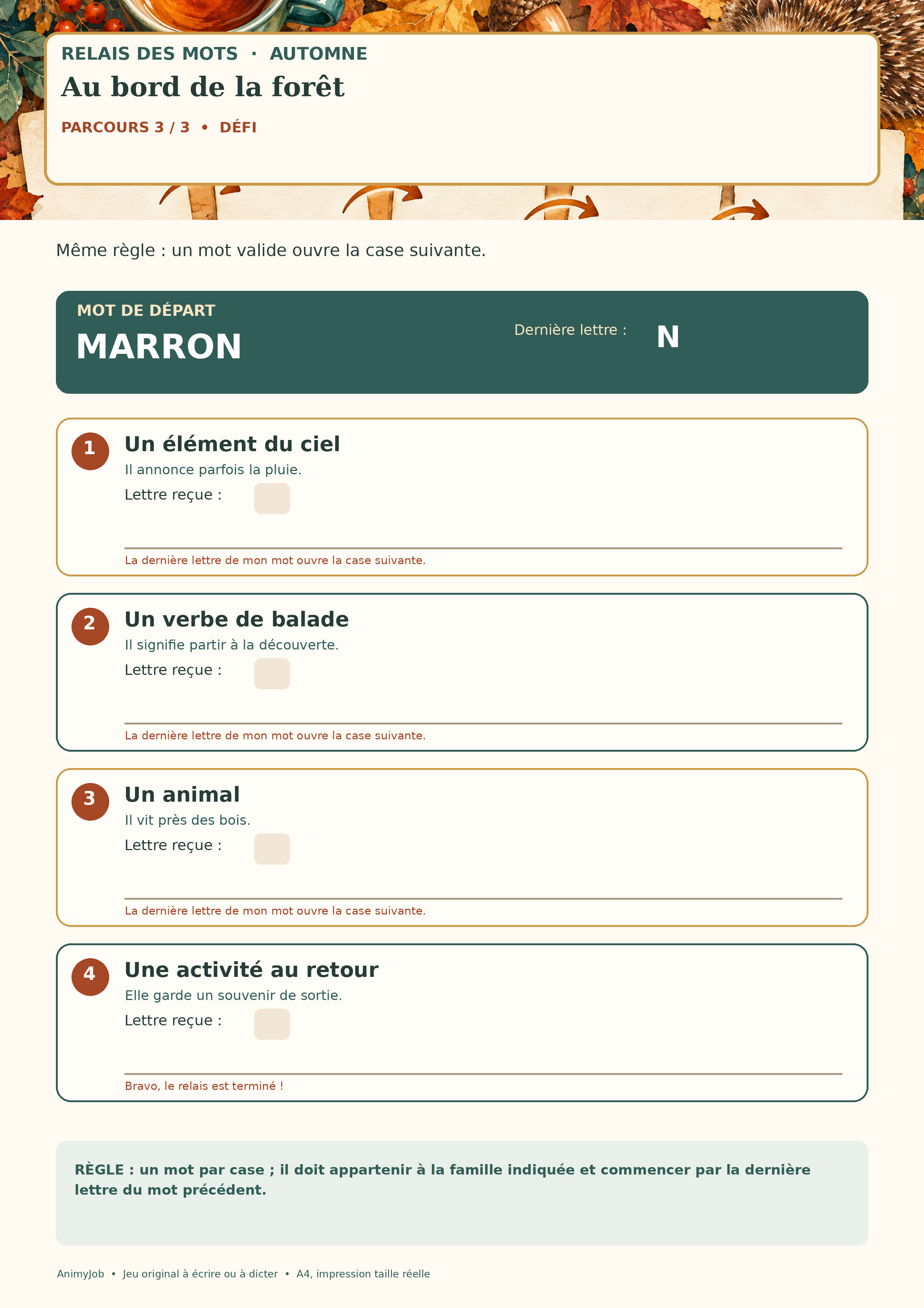 Troisième parcours A4 : MARRON puis ciel, verbe de balade, animal et activité