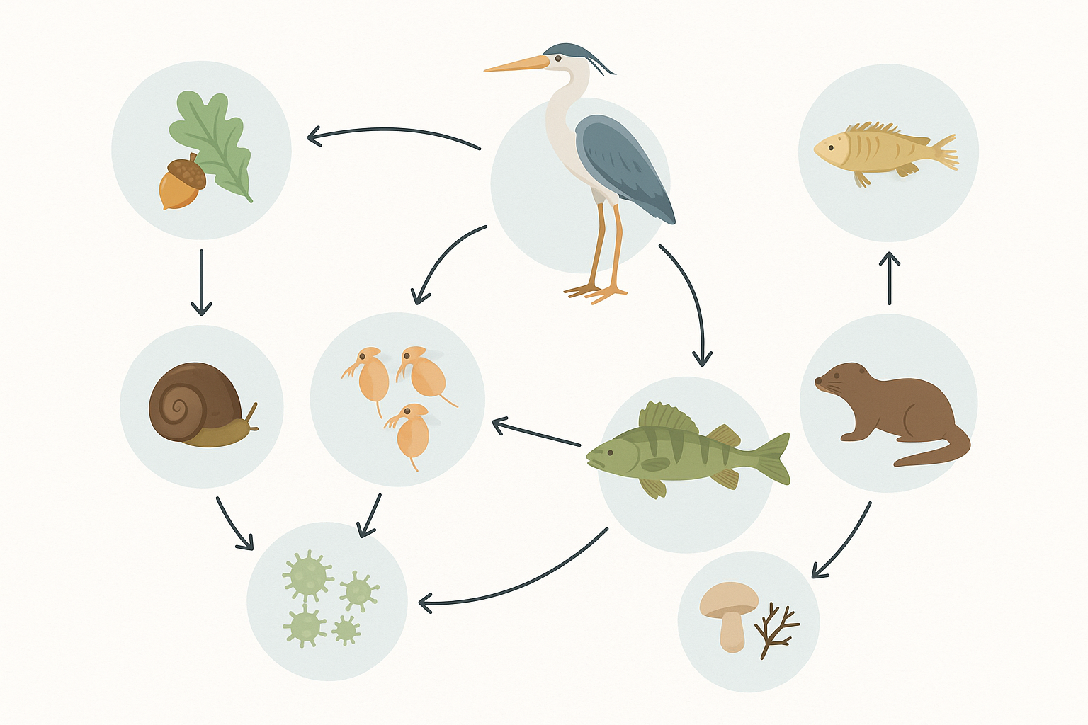 Réseau alimentaire d'un étang avec poissons, insectes et héron