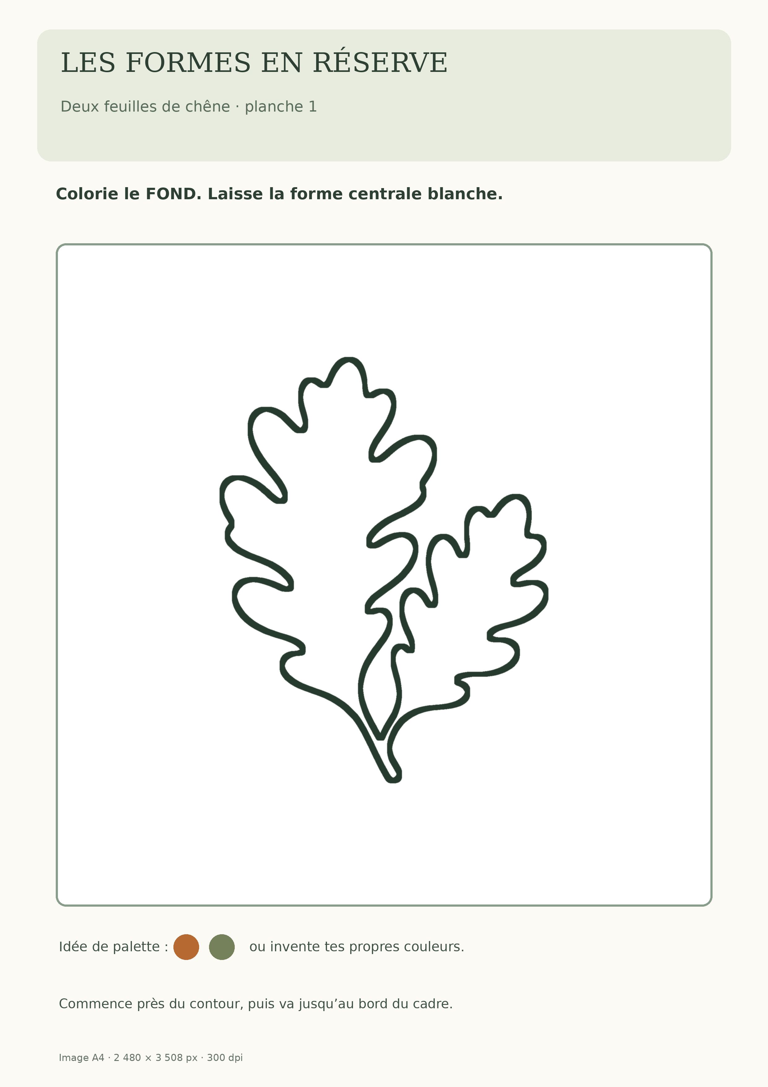 Planche A4 de réserve blanche avec deux grandes feuilles de chêne à laisser sans couleur et un fond à colorier