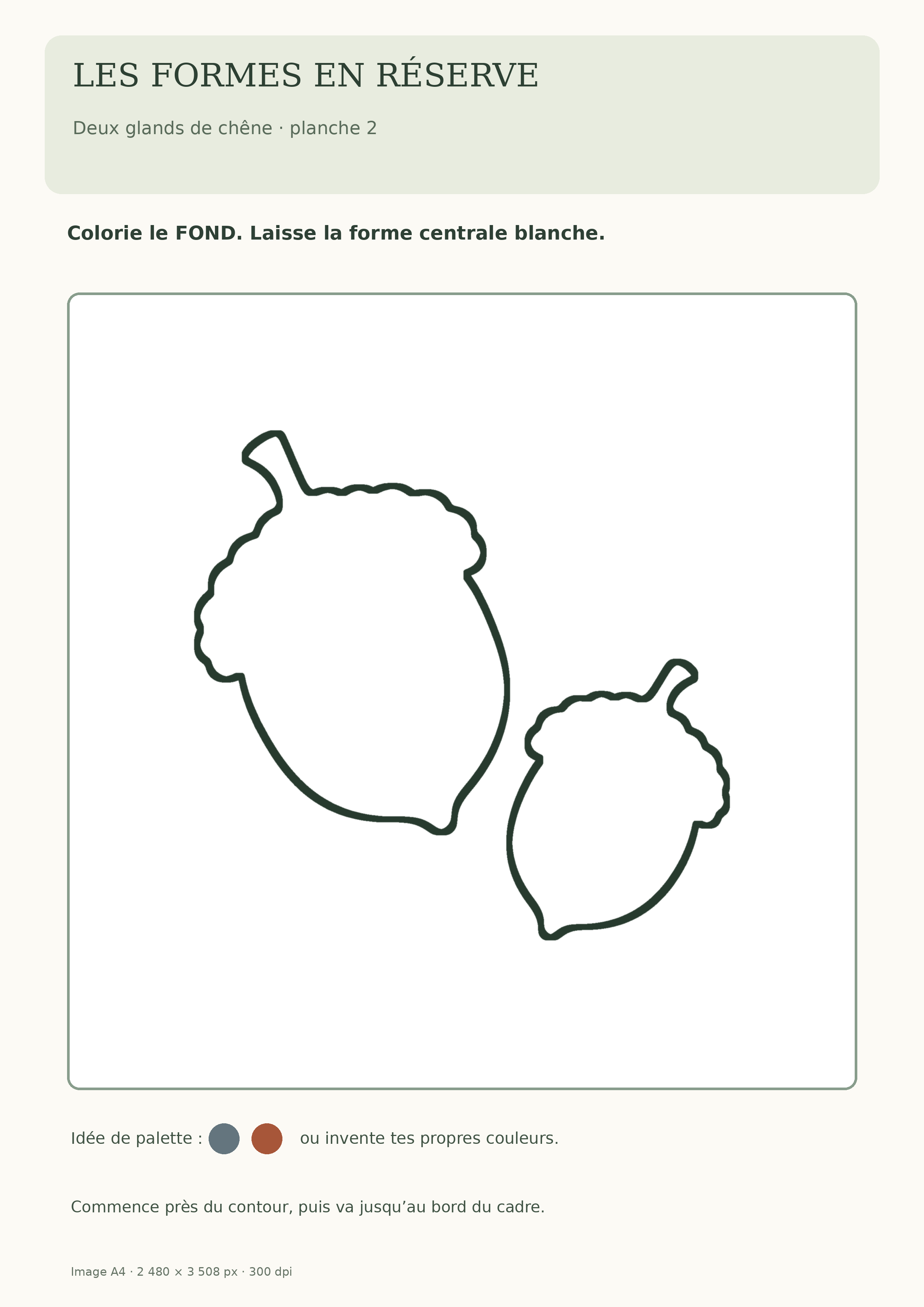 Planche A4 de deux glands aux contours fermés ; colorier l’espace extérieur et conserver les glands blancs
