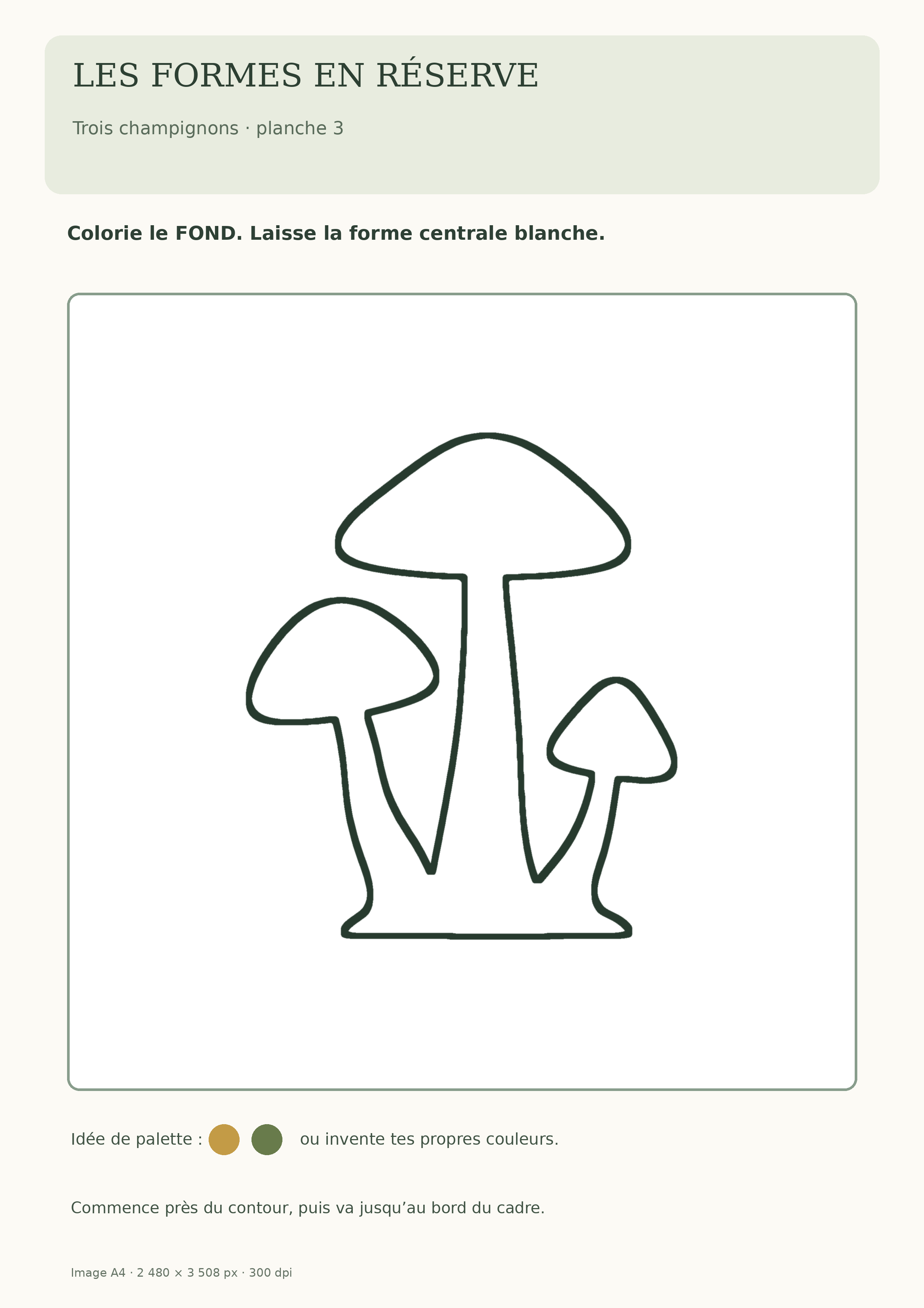 Planche A4 de trois champignons de hauteurs différentes à révéler en coloriant le fond du cadre