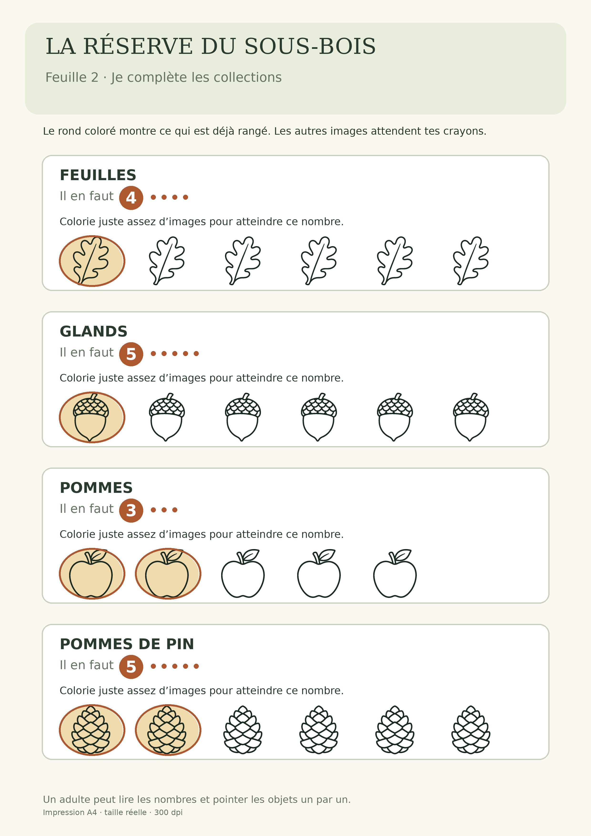 Deuxième fiche A4 : quatre collections de feuilles, glands, pommes et pommes de pin avec des quantités manquantes