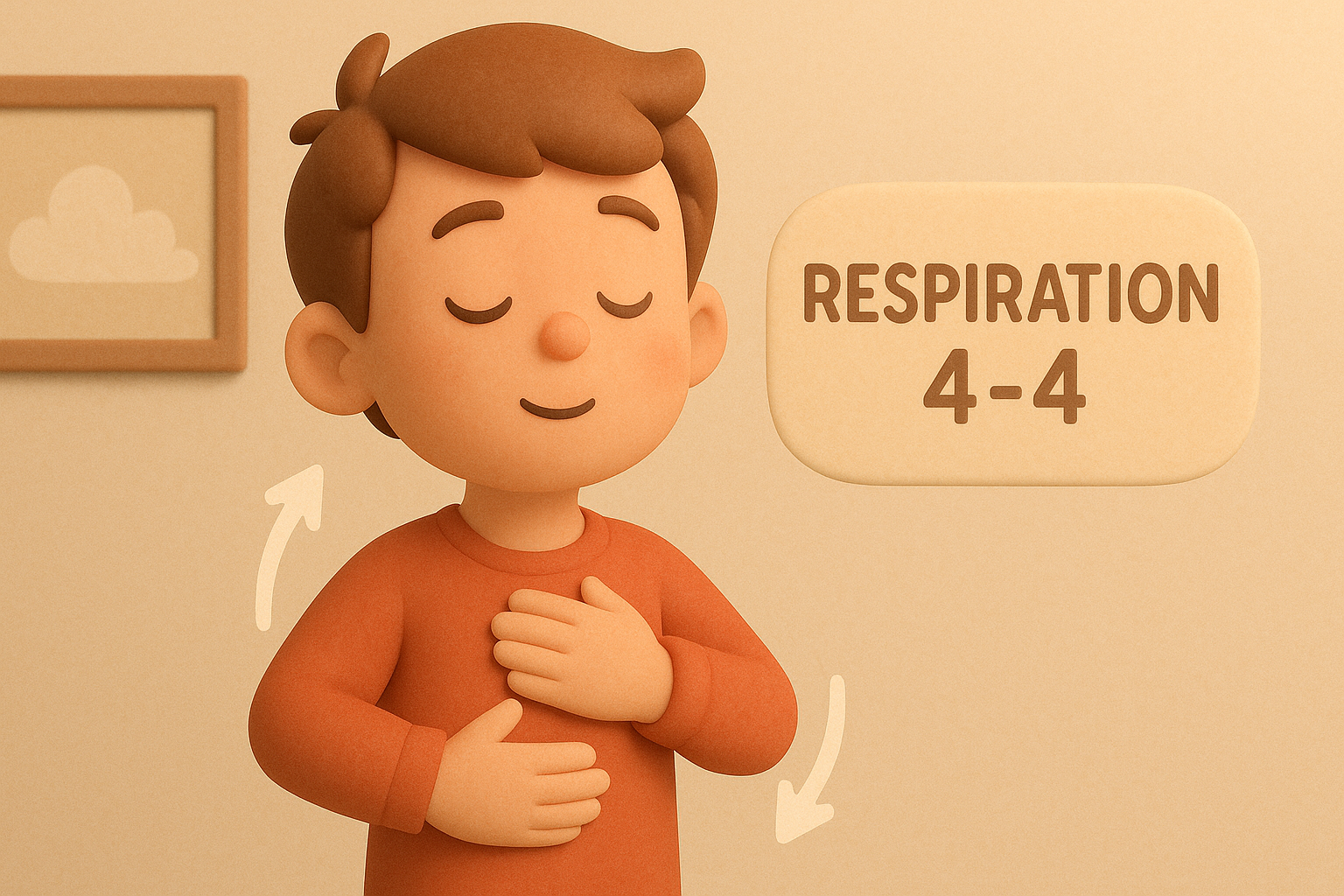 Enfant pratiquant la respiration 4-4, illustration 3D douce et pédagogique