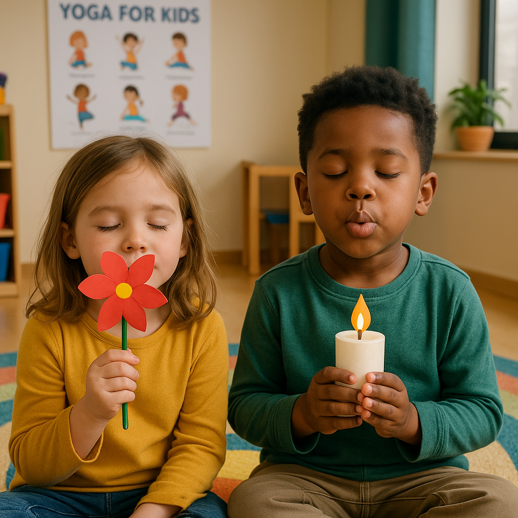Deux enfants pratiquent la respiration fleur-bougie, yeux fermés, dans une classe lumineuse.