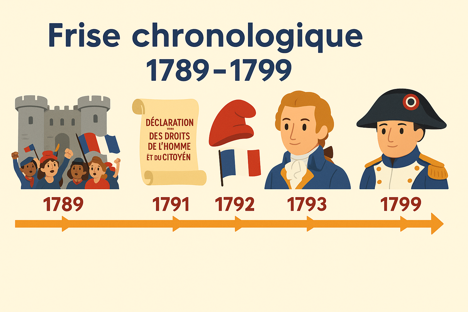 Frise chronologique 1789-1799 avec Bastille, Déclaration, République et Napoléon